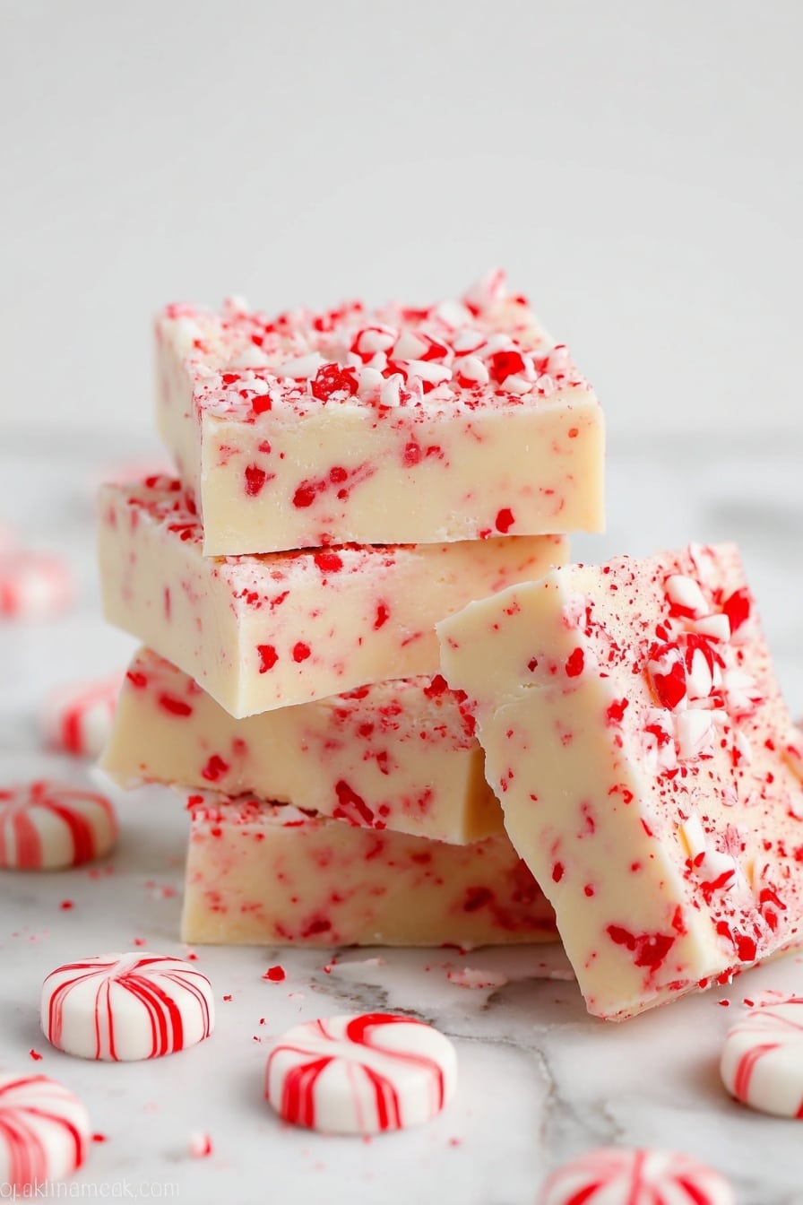 The image shows a stack of four thick square pieces of fudge with a creamy white base mixed with small bright red peppermint bits scattered throughout. The top layer of each piece is covered with more crushed red and white peppermint candies, giving a textured and colorful finish. One piece leans against the stack on the right side, revealing the smooth, dense texture inside with embedded peppermint bits. Around the fudge stack, there are whole round white peppermint candies with red stripes placed on a white marbled surface. The overall color palette is soft white with vibrant red specks and stripes, making the dessert look fresh and festive. photo taken with an iphone --ar 2:3 --v 7 - Candy Cane Fudge with White Chocolate, festive holiday fudge, peppermint candy cane fudge, easy Christmas fudge, quick holiday dessert