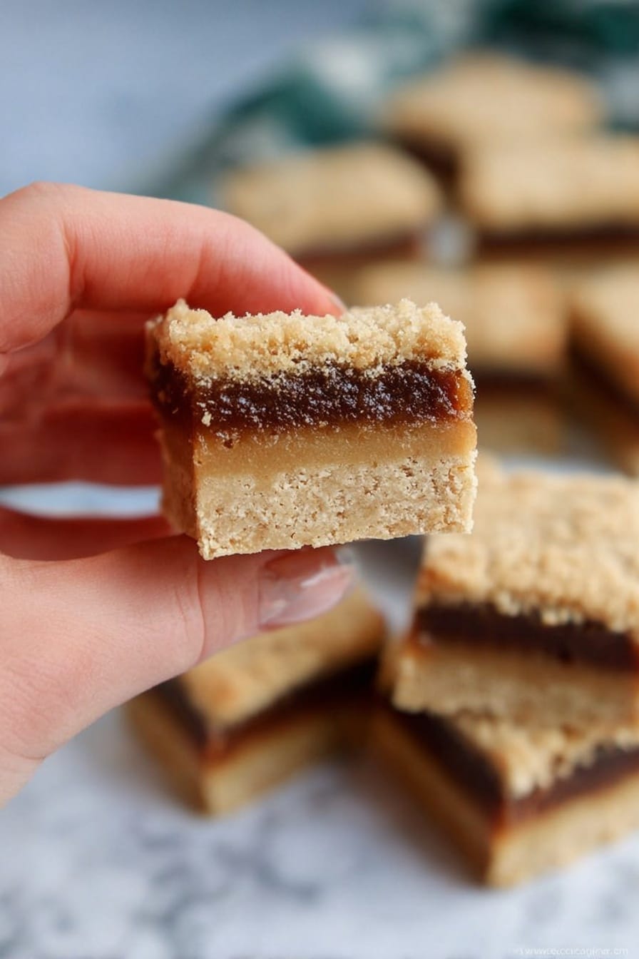 A close-up image shows a woman's hand holding a square snack bar with three visible layers. The bottom layer is light beige, smooth, and dense. The middle layer is dark brown and looks soft and sticky. The top layer is crumbly and light beige with small pieces showing texture. In the blurry background, more of these bars are stacked on a white marbled surface. The photo taken with an iphone --ar 2:3 --v 7 - Mince Pie Crumble Bars, holiday dessert recipes, festive bar desserts, easy mince pie bars, Christmas baked goods