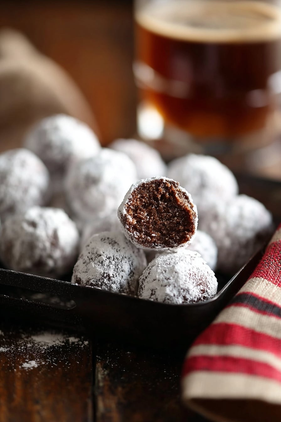 A close-up view of a black glass tray filled with small round chocolate bites covered in white powdered sugar, one bite is placed on top showing a crumbly brown inside. The tray sits on a dark wooden surface and is accompanied by a blurred striped red and white cloth and a brown drink in the background, all against a soft, brown blurred backdrop. photo taken with an iphone --ar 2:3 --v 7 - Bourbon Pecan Balls, bourbon pecan treats, no-bake pecan desserts, holiday nut balls, easy bourbon treats
