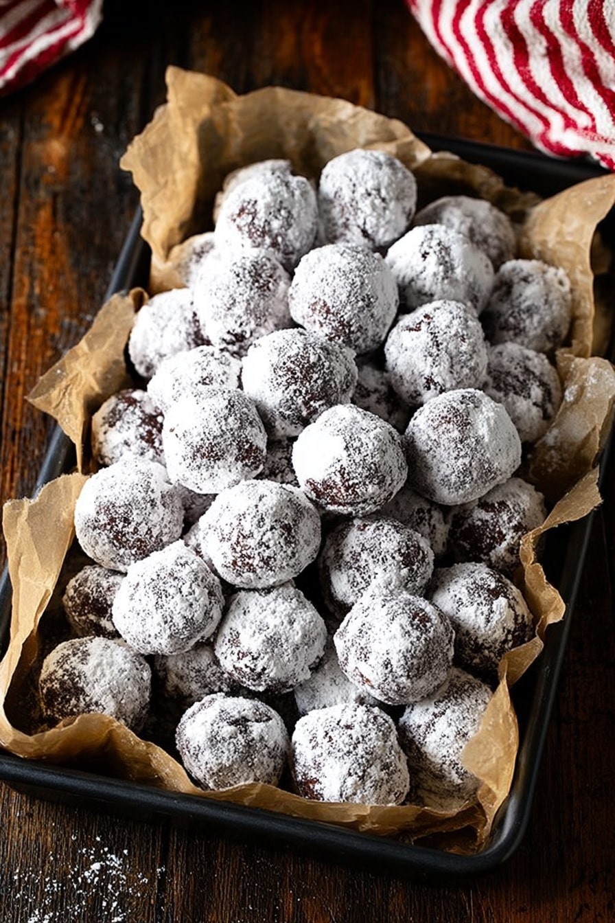 A black rectangular tray lined with crinkled brown parchment paper holds a large pile of round chocolate balls covered in white powdered sugar. Each ball has a slightly rough texture with some areas showing the dark chocolate underneath. The tray sits on a dark wooden surface with a red and white striped cloth partially visible in the upper right corner. The image is bright and clear, showing the contrast between the white powdered sugar and the chocolate balls. photo taken with an iphone --ar 2:3 --v 7 - Bourbon Pecan Balls, bourbon pecan treats, no-bake pecan desserts, holiday nut balls, easy bourbon treats