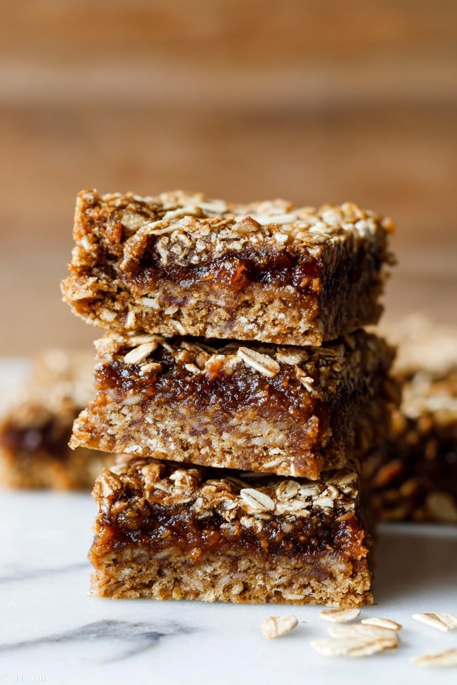The image shows a close-up of three stacked oat bars on a white marbled surface. Each bar has two layers: the bottom layer is a light brown, crumbly oat base with visible oats, and the top layer is a darker brown, dense fruit filling with small seeds scattered throughout. The oat bars have a rough texture with oats protruding from the edges and surface, giving a rustic look. The background is blurred with a warm wooden tone. Photo taken with an iphone --ar 2:3 --v 7 - Homemade Oatmeal Fig Bars, healthy fig bar recipe, easy oatmeal bar recipe, natural fig bars, wholesome snack bars