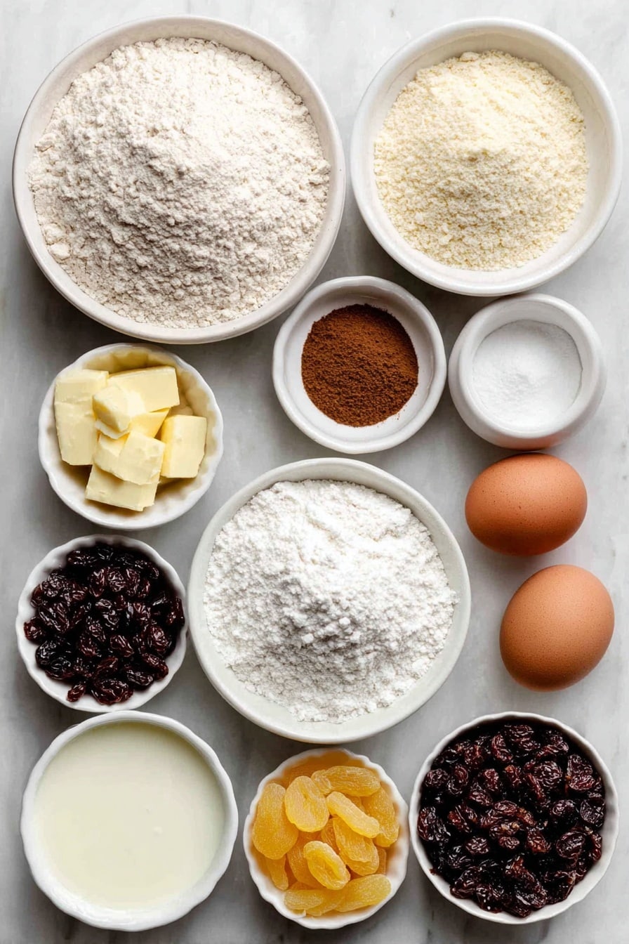 Flat lay of a small mound of pale beige all-purpose flour, a small white bowl with tiny beige granules of dry active yeast, a small white bowl with warm clear water, a small white bowl of fine white sugar, a small white bowl of bright cinnamon powder, a tiny heap of light brown nutmeg powder, a small white bowl filled with melted golden butter, a small white bowl of whole milk with creamy white liquid, three brown eggs with smooth uncracked shells, a small white bowl of plump dark dried currants, a small white bowl of golden raisins, a small white bowl with pale sliced blanched almonds, a small white bowl of chopped vibrant orange candied orange peel, a small white bowl of deep orange chopped dried apricots, a whole bright yellow lemon with its textured rind, a small white bowl with white icing sugar powder, and a separate small white bowl with creamy milk for the glaze, all arranged symmetrically and naturally on a clean white marble surface, soft natural light, photo taken with an iPhone, professional food photography style, fresh ingredients, white ceramic bowls, no bottles, no duplicates, no utensils, no packaging --ar 2:3 --v 7 --p m7354615311229779997 - German Stollen Bread, festive German bread, Christmas fruit bread, traditional German Stollen, holiday bread recipes