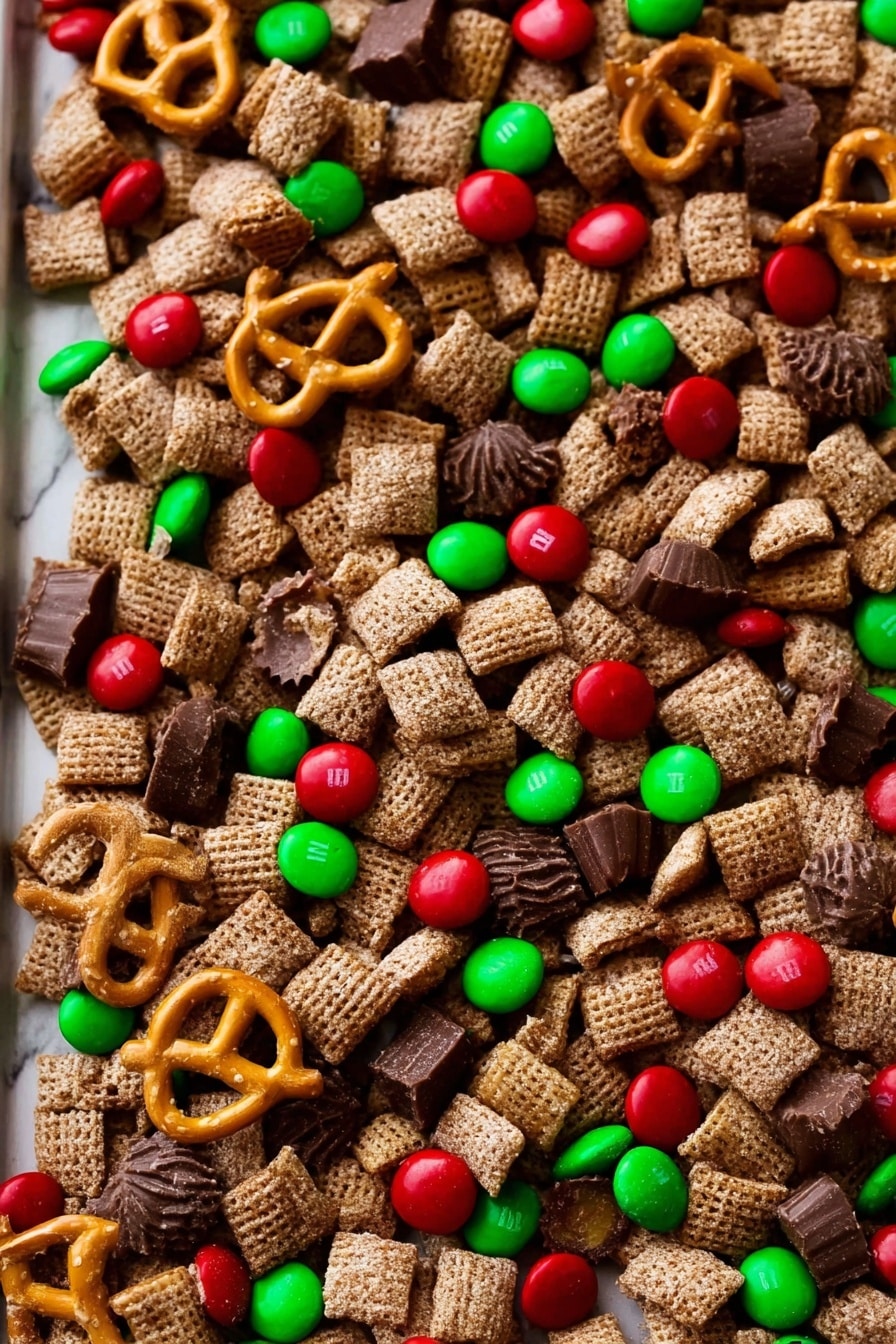 The image shows a close-up of a tray filled with a mix of different snacks. The base layer is made of small, square cereal pieces coated in a light brown powder. Scattered on top are bright red and green candy-coated chocolates, adding vivid pops of color. Interspersed among these are golden-brown pretzels with a shiny surface and small chocolate peanut butter cups with a smooth, dark brown top. The snacks cover the whole tray, creating a textured and colorful mix on a white marbled background. Photo taken with an iphone --ar 2:3 --v 7 - Christmas Reindeer Chow, Christmas Reindeer Chow recipe, holiday snack mix, festive chocolate peanut butter snack, easy Christmas treats
