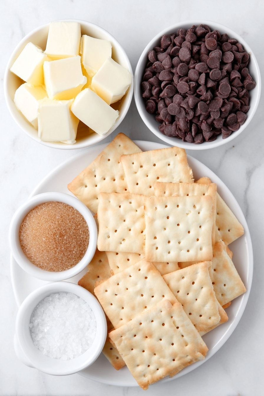 Flat lay of a single layer of fresh square saltine crackers arranged neatly on a simple white ceramic plate, a small white ceramic bowl filled with rich golden brown packed brown sugar, a small white ceramic bowl holding several cubes of pale yellow unsalted butter, a tiny white ceramic bowl containing clear vanilla extract, a tiny white ceramic bowl with coarse sea salt crystals, and a generous mound of smooth milk chocolate chips on a simple white ceramic dish, all placed on a clean white marble surface, soft natural light, photo taken with an iPhone, professional food photography style, fresh ingredients, white ceramic bowls, no bottles, no duplicates, no utensils, no packaging --ar 2:3 --v 7 --p m7354615311229779997 - Saltine Toffee, saltine cracker toffee, toffee dessert, holiday treat recipes, easy toffee recipe