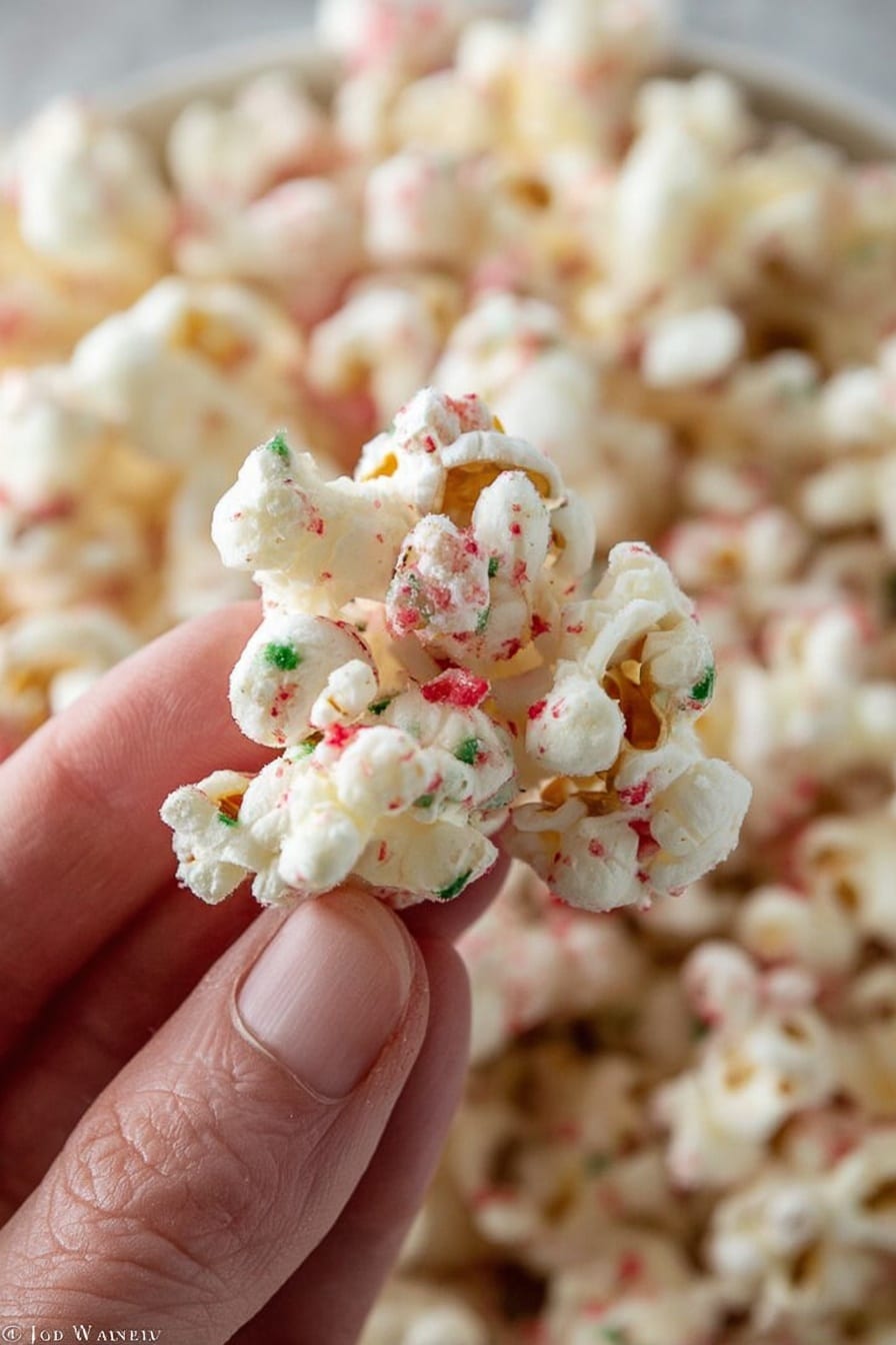 A close-up image of a small cluster of white popcorn mixed with tiny red and green specks, held between the fingers of a person's hand. The popcorn looks light and fluffy with a slight sugary coating that holds the cluster together. In the background, more of the same popcorn mixture is blurred, filling the frame and creating a textured, soft look. The photo shows fine details of the popcorn's surface and the small colored sprinkles. photo taken with an iphone --ar 2:3 --v 7 - Peppermint White Chocolate Popcorn, holiday popcorn recipes, peppermint popcorn, white chocolate snack, festive popcorn treats