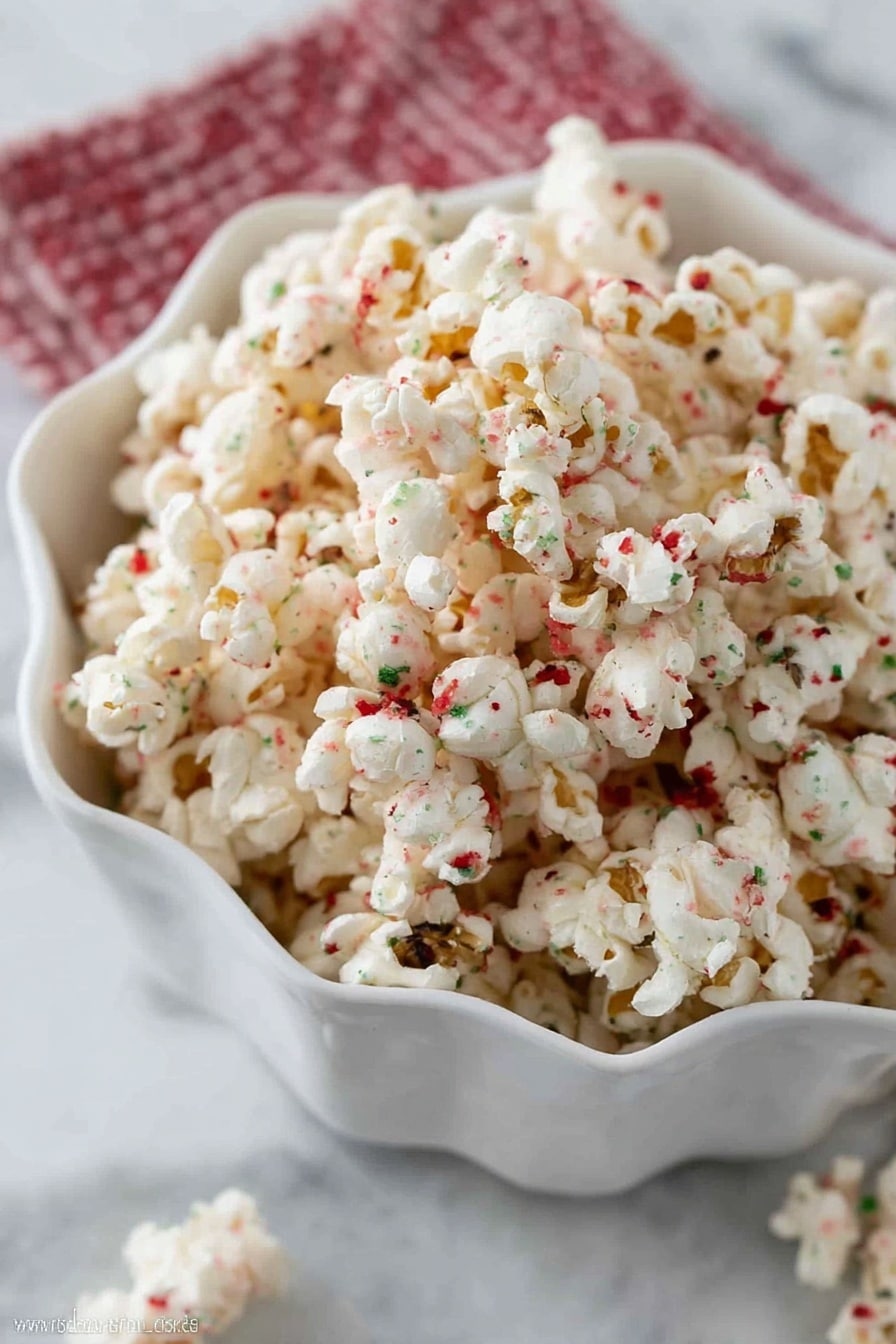 A close-up view of a white bowl with ruffled edges filled with white popcorn that has small red and green specks spread evenly across it, giving it a festive look. The popcorn pieces are puffy and irregular in shape, showing some golden brown spots where they popped. The bowl is placed on a white marbled surface with a hint of a red and white textured cloth underneath it. Photo taken with an iphone --ar 2:3 --v 7 - Peppermint White Chocolate Popcorn, holiday popcorn recipes, peppermint popcorn, white chocolate snack, festive popcorn treats