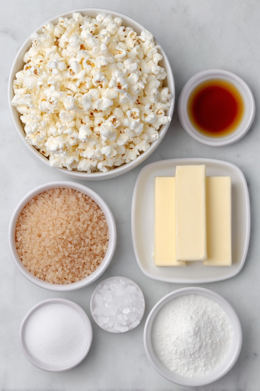 Flat lay of a large white ceramic bowl filled with fluffy air-popped popcorn, a small white bowl of packed light brown sugar with visible moist texture, a small white bowl holding smooth light corn syrup, a few rectangular slabs of unsalted butter with a creamy yellow color stacked neatly, a pinch of fine salt crystals on a tiny white bowl, a small white bowl with white cream of tartar powder, and a small white bowl containing fine white baking soda powder, perfectly arranged in balanced symmetry, placed on a clean white marble surface, soft natural light, photo taken with an iPhone, professional food photography style, fresh ingredients, white ceramic bowls, no bottles, no duplicates, no utensils, no packaging --ar 2:3 --v 7 --p m7354615311229779997 - Homemade Caramel Popcorn, caramel popcorn recipe, crispy caramel popcorn, easy caramel popcorn, homemade snack ideas