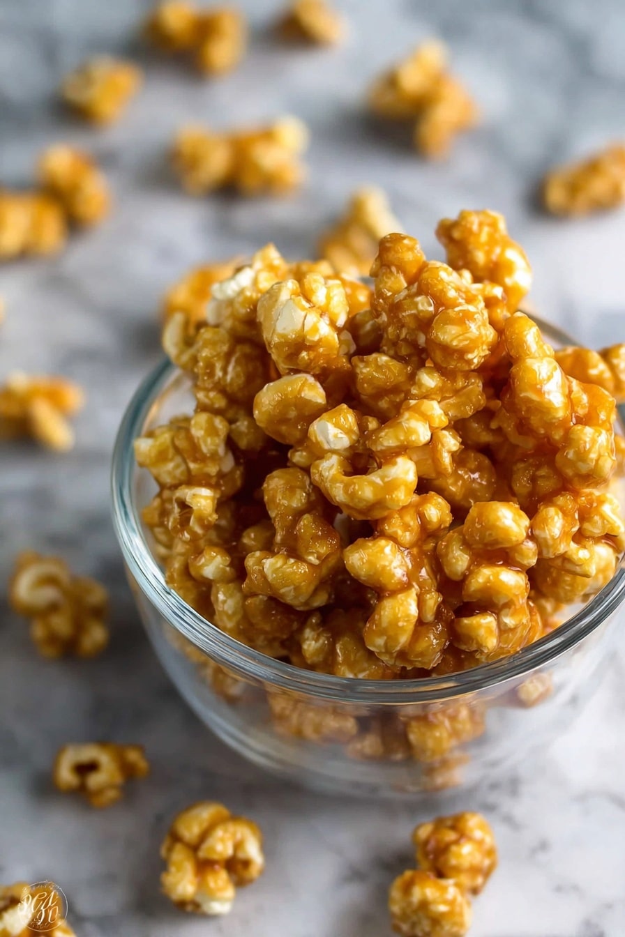 The image shows a clear glass bowl filled with many pieces of golden brown caramel-coated popcorn. The popcorn pieces are shiny and clustered closely together in the bowl. Around the bowl on a white marbled surface are scattered more caramel popcorn pieces, slightly out of focus. The background is blurred, keeping attention on the bowl with the caramel popcorn inside photo taken with an iphone --ar 2:3 --v 7 - Caramel Puff Corn, caramel popcorn recipe, crunchy caramel snack, easy caramel puff corn, sweet snack ideas