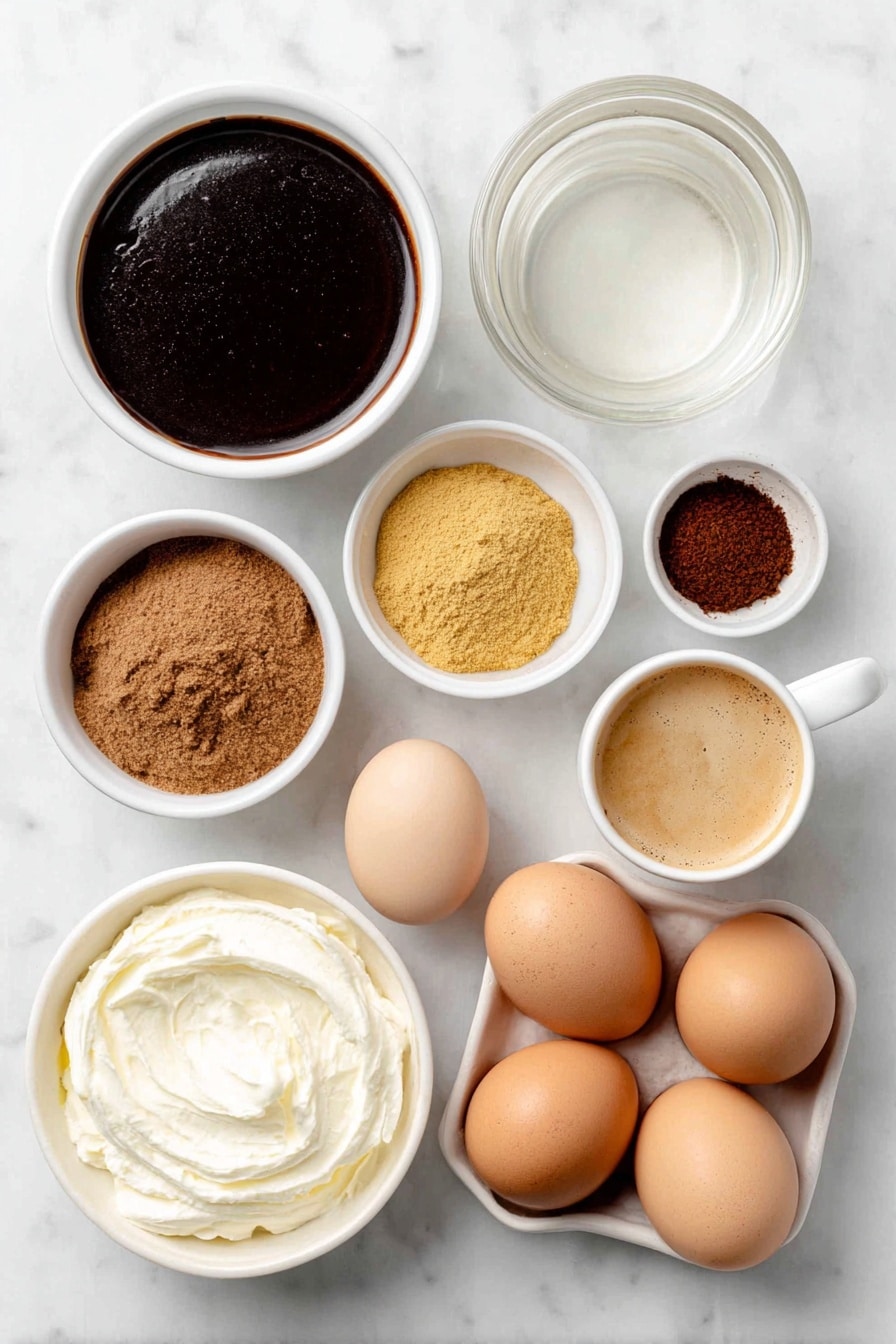 Flat lay of half a small white ceramic bowl of thick dark molasses, a small white bowl with clear water, a small white bowl filled with ground golden ginger powder, a small white bowl of warm brown ground cinnamon, a small white bowl containing fine dark brown ground cloves, a small white bowl with reddish-brown ground nutmeg, a small white bowl of pale golden vanilla extract, a small white ceramic cup filled with rich dark espresso, a small white bowl of creamy whole milk, a small white bowl of thick fresh cream, a few whole uncracked brown eggs arranged symmetrically, placed on a clean white marble surface, soft natural light, photo taken with an iPhone, professional food photography style, fresh ingredients, white ceramic bowls, no bottles, no duplicates, no utensils, no packaging --ar 2:3 --v 7 --p m7354615311229779997 - Gingerbread Latte, festive coffee recipes, holiday warm drinks, homemade gingerbread syrup, cozy winter beverages