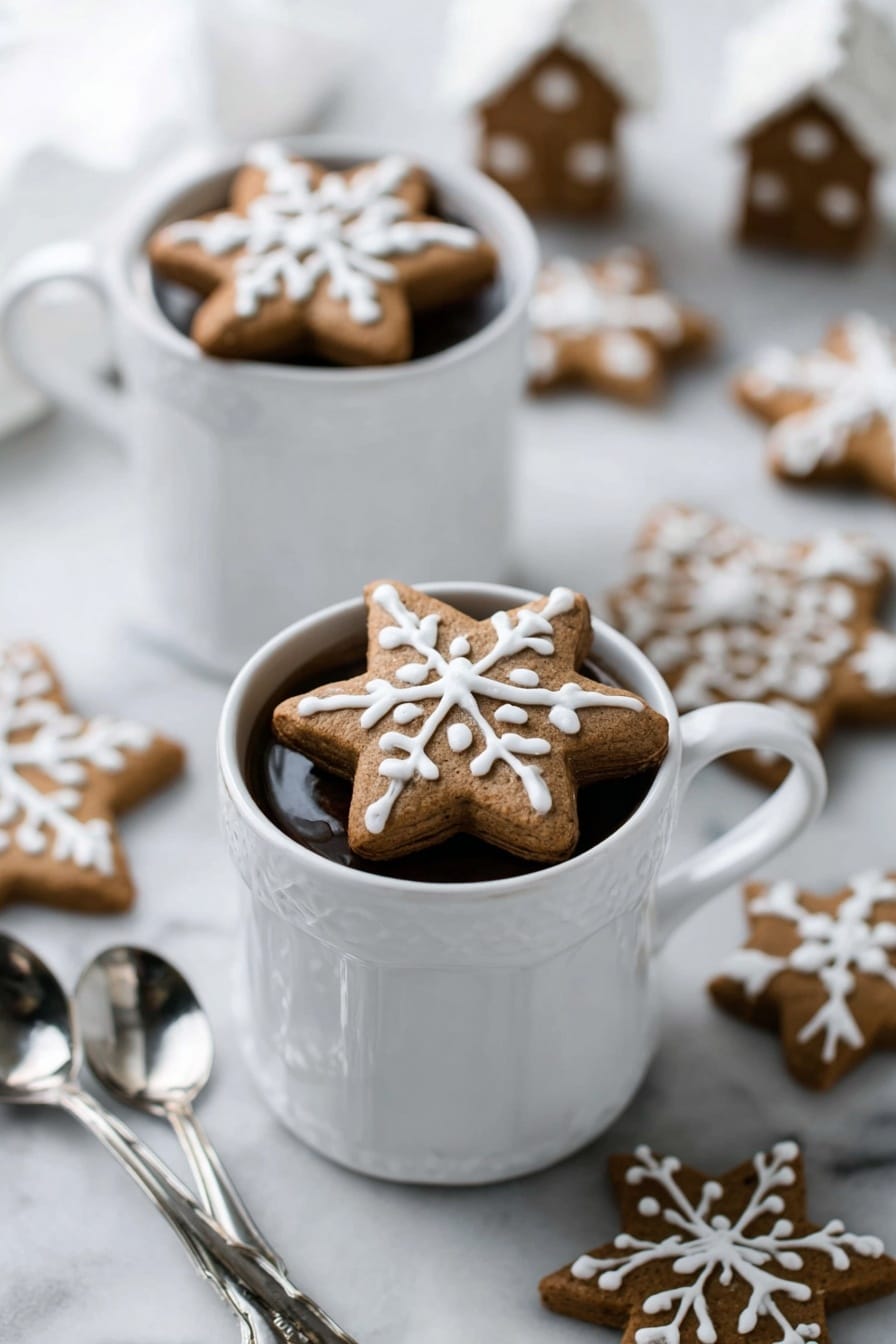 Two white mugs filled with a dark drink are shown on a white marbled surface; each mug has a star-shaped gingerbread cookie on top decorated with white icing in a snowflake design. The mugs are close to each other, with one slightly in front and the other behind and blurred. Around the mugs, there are more gingerbread cookies in star and other shapes, some decorated with white icing. Two shiny silver spoons lie on the left side near the mugs. The background is softly blurred with some gingerbread houses visible. photo taken with an iphone --ar 2:3 --v 7 - Gingerbread Latte, festive coffee recipes, holiday warm drinks, homemade gingerbread syrup, cozy winter beverages
