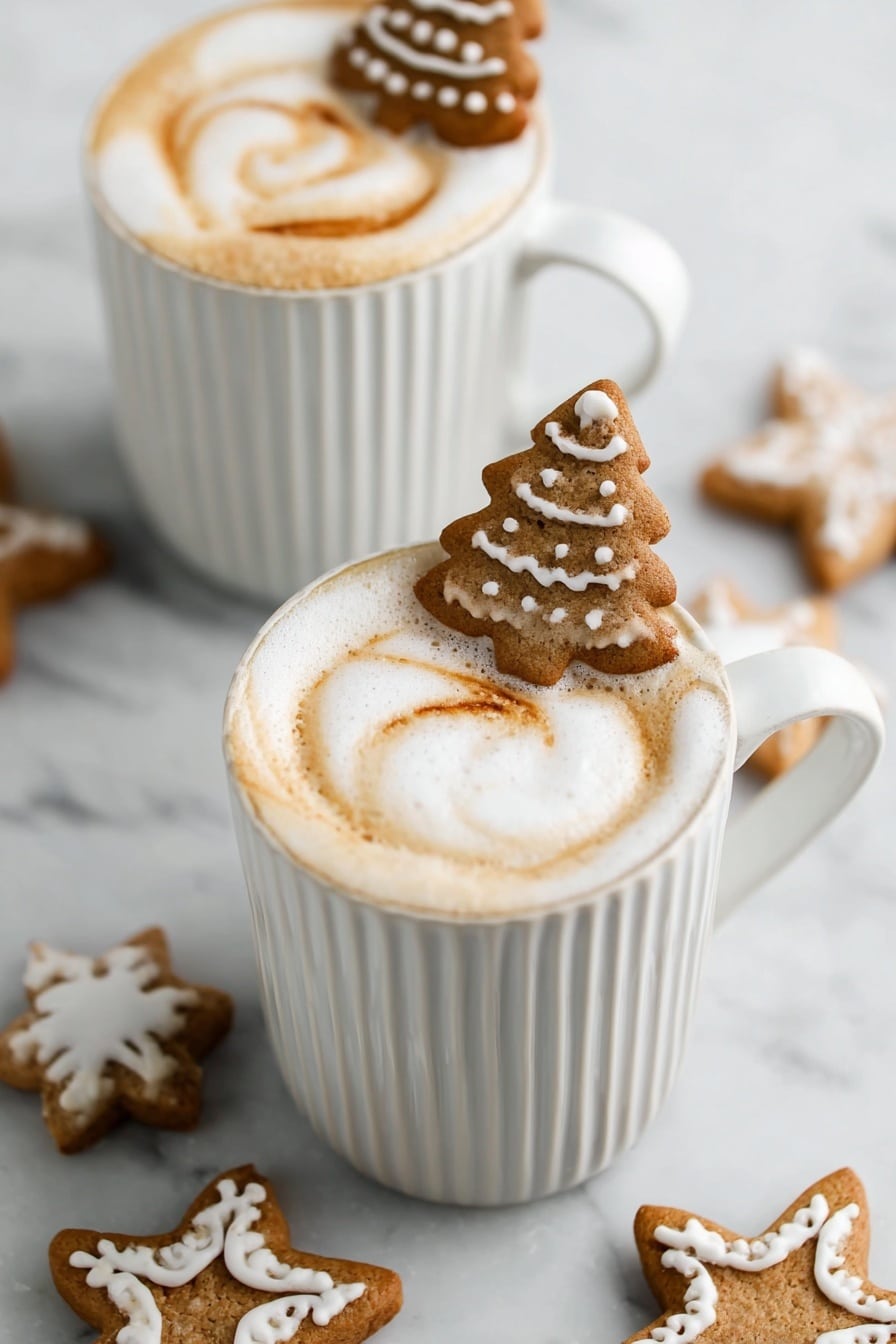 Two white ribbed mugs filled with creamy, foamy cappuccinos sit on a white marbled surface. Each cappuccino has a light brown swirl design on top of the foam. On the rim of each mug, there is a brown gingerbread cookie shaped like a Christmas tree decorated with white icing. Around the mugs on the white marbled surface, there are more gingerbread cookies shaped like stars and trees, all decorated with white icing. The overall look is cozy and festive. photo taken with an iphone --ar 2:3 --v 7 - Gingerbread Latte, festive coffee recipes, holiday warm drinks, homemade gingerbread syrup, cozy winter beverages