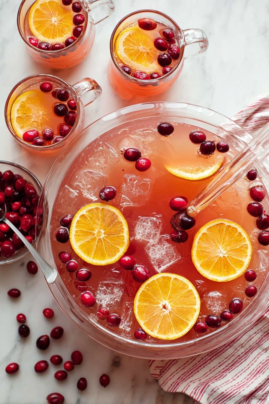 The image shows three small, round glass cups filled with a light orange drink, each topped with floating dark red cranberries and a bright orange slice on the rim. Behind the cups is a large glass bowl filled with the same orange drink and cranberries, slightly blurred. The cups and bowl sit on a white wooden surface with a white marbled texture background. One orange slice is placed next to the closest cup in the foreground. The scene is bright and clean. photo taken with an iphone --ar 2:3 --v 7 - Festive Cranberry Orange Punch, holiday fruit punch, Christmas party drink, citrus holiday cocktail, easy holiday punch