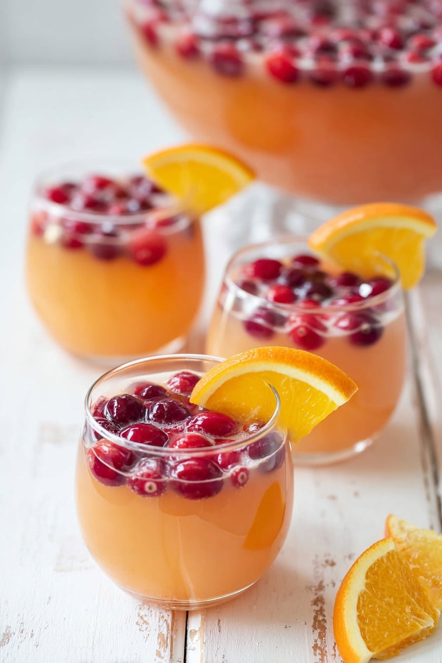 A large clear glass bowl filled with a pinkish-orange punch and ice cubes, floating on top are five bright orange round slices and many small dark red cranberries spread across the surface. A clear stirring spoon rests inside the bowl. Around the bowl, there are three clear glass mugs filled with the same punch, each with floating cranberries and one orange peel slice on the rim. A small clear bowl with more cranberries and half an orange are placed nearby on a white marbled surface with a white cloth striped in red. photo taken with an iphone --ar 2:3 --v 7 - Festive Cranberry Orange Punch, holiday fruit punch, Christmas party drink, citrus holiday cocktail, easy holiday punch