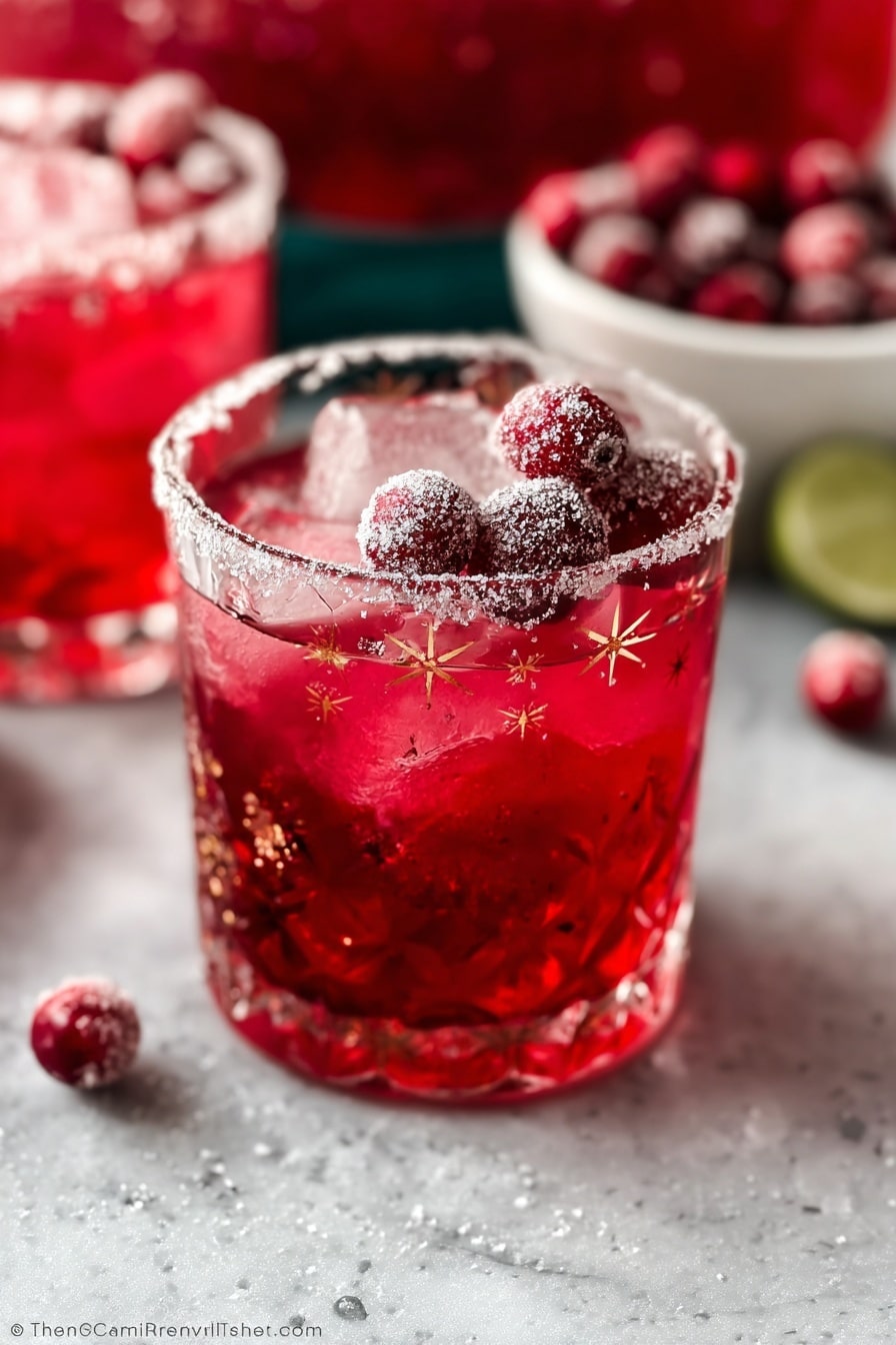 A short glass with a star pattern is filled with a bright red drink, ice cubes, and topped with several sugar-coated cranberries that add a frosty texture on top. The glass rim is lightly dusted with sugar. In the blurred background, another similar glass and a small white bowl of more sugar-coated cranberries can be seen. The scene is set on a white marbled surface. photo taken with an iphone --ar 2:3 --v 7 - Festive Cranberry Margarita, holiday cranberry cocktail, Christmas margarita, winter holiday drinks, cranberry tequila cocktail