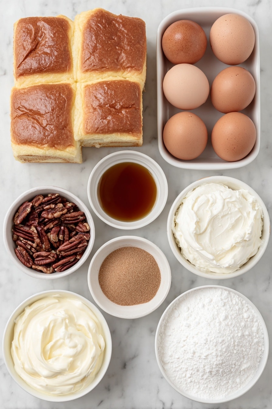 Flat lay of a small pile of golden brioche bread cubes, a handful of roughly chopped toasted pecans, six whole brown eggs with clean shells, a small white ceramic bowl of milk, a small white bowl filled with amber maple syrup, a small white bowl of light brown packed brown sugar, a small white bowl containing ground cinnamon, a tiny white bowl with ground nutmeg, a tiny white bowl with fine salt, a small white bowl of thick cold whipping cream, a small white bowl of white confectioners' sugar, placed on a clean white marble surface, soft natural light, photo taken with an iPhone, professional food photography style, fresh ingredients, white ceramic bowls, no bottles, no duplicates, no utensils, no packaging --ar 2:3 --v 7 --p m7354615311229779997 - Overnight Maple Cinnamon French Toast Bake, Breakfast casserole with brioche, Make-ahead brunch recipes, Cinnamon and maple breakfast ideas, Easy overnight French toast