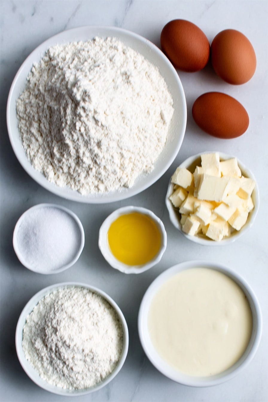 Flat lay of a small mound of all-purpose flour on a simple white ceramic plate, a small white bowl filled with baking powder, a small white bowl with freshly grated nutmeg, a few tablespoons of melted butter pooled in a small white bowl, two whole uncracked brown eggs, a small white bowl containing granulated sugar, and a small white bowl holding creamy eggnog, each ingredient arranged symmetrically with natural textures and colors, placed on a clean white marble surface, soft natural light, photo taken with an iPhone, professional food photography style, fresh ingredients, white ceramic bowls, no bottles, no duplicates, no utensils, no packaging --ar 2:3 --v 7 --p m7354615311229779997 - Eggnog Waffles with Nutmeg, Holiday Eggnog Waffles, Festive Breakfast Recipes, Christmas Waffles, Winter Brunch Ideas