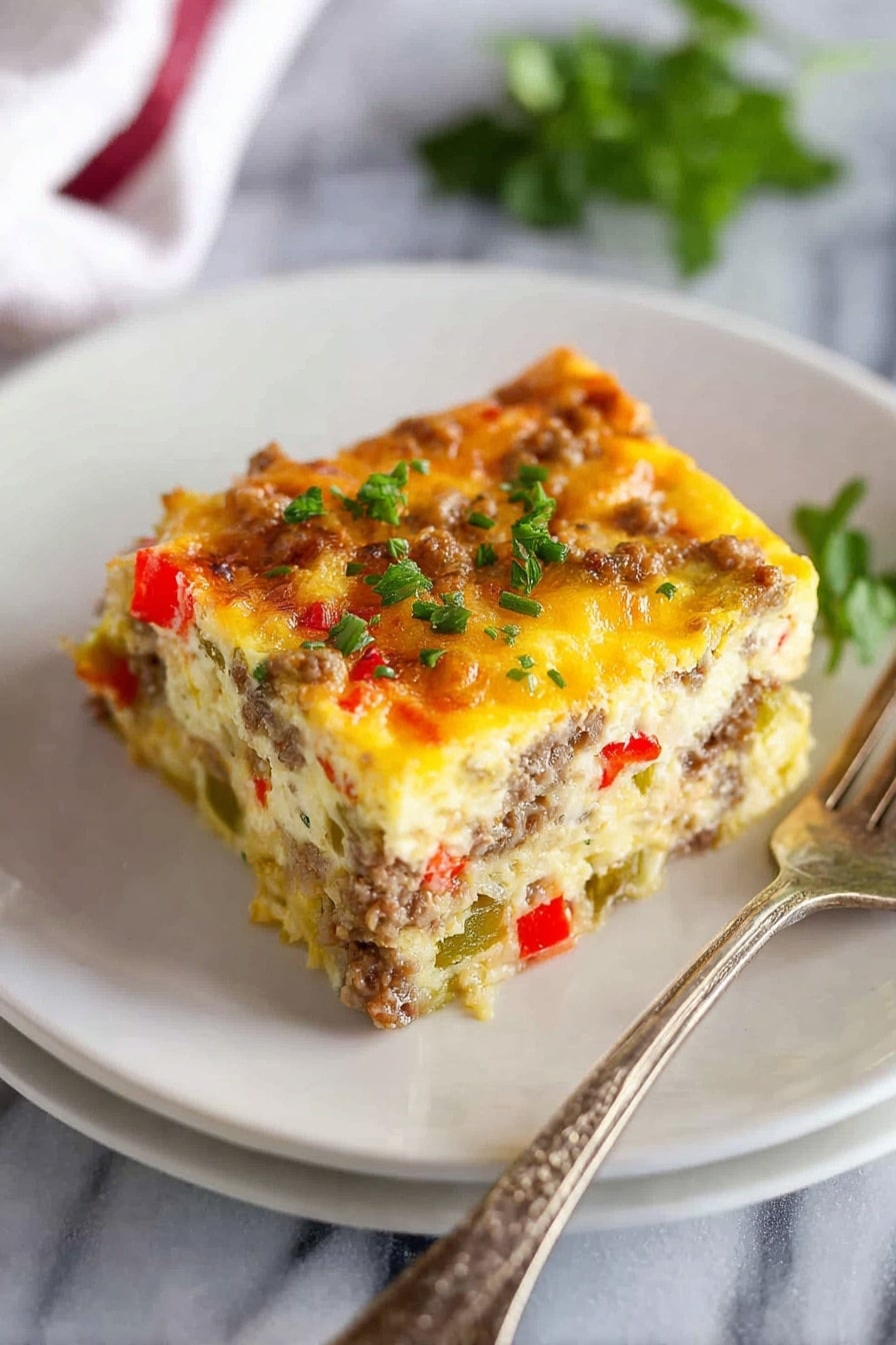A square piece of layered casserole sits on a white plate with a silver fork next to it. The casserole has three visible layers, each mixed with bits of green and red vegetables, likely peppers, and browned crumbled meat. The top layer is golden brown with sprinkled chopped green herbs. A small green leafy garnish is placed on the plate behind the casserole. The dish is on a white marbled surface. Photo taken with an iphone --ar 2:3 --v 7 - Sausage and Egg Breakfast Casserole, breakfast casserole with sausage and eggs, easy breakfast casserole, hearty breakfast bake, make-ahead breakfast recipes