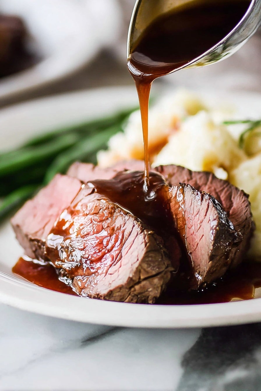 The image shows two thick slices of medium-rare roast beef placed on a white plate with a white marbled surface in the background. The roast beef has a brown crust on the outside and a pink center. A dark brown gravy sauce is being poured over the top slice from a ladle, creating a shiny texture with some sauce pooling on the plate. Behind the beef, there is a serving of creamy mashed potatoes and a few green beans slightly blurred in the background. The focus is on the meat and sauce with a close-up view emphasizing the moist texture of the beef and the rich shine of the gravy. Photo taken with an iphone --ar 2:3 --v 7 - Beef Tenderloin with Red Wine Sauce, beef tenderloin recipe, red wine sauce, elegant beef dinner, easy beef recipes