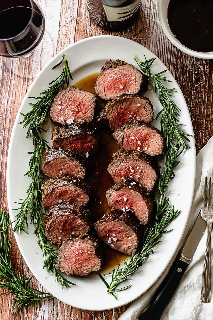 A white oval plate holds about ten slices of medium-rare beef steak, each slice showing a pink center with a dark brown, charred crust, topped with small flakes of salt. Around the beef are several fresh sprigs of green rosemary, placed evenly on all sides of the plate. The plate sits on a wooden table, which is replaced here with a white marbled texture. On the bottom right, there is a black-handled sharp knife and a two-pronged fork resting next to a white cloth napkin. At the top right, a white bowl with dark gravy or sauce is partially visible. Two glasses of dark red wine and the neck of a wine bottle are also present, adding to the rustic setting. Photo taken with an iphone --ar 2:3 --v 7 - Beef Tenderloin with Red Wine Sauce, beef tenderloin recipe, red wine sauce, elegant beef dinner, easy beef recipes