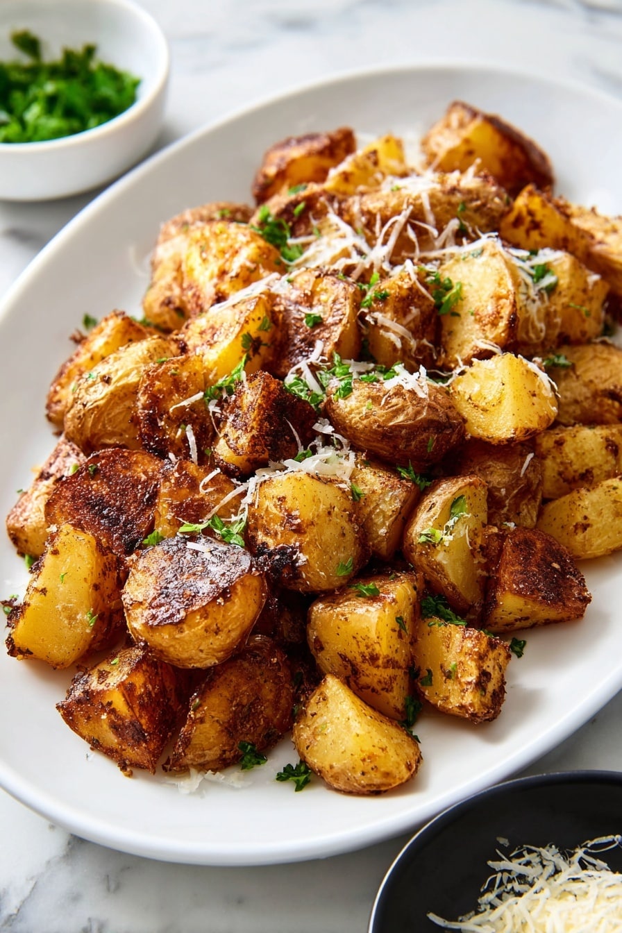 The image shows a white oval plate filled with roasted potato pieces that have a golden-brown and slightly dark crispy texture on the edges. The potatoes are cut into uneven, chunky chunks and scattered with small green parsley leaf pieces on top. There is a light grate of white cheese sprinkled over the potatoes, adding fine strands of white texture. The plate rests on a white marbled surface, with a small white bowl of green garnish blurred in the background and a black bowl containing more grated cheese partially visible at the bottom edge. Photo taken with an iphone --ar 2:3 --v 7 - Garlic Rosemary Roasted Potatoes, crispy roasted potatoes, flavorful potato side dish, easy roasted potatoes, herb roasted potato recipe