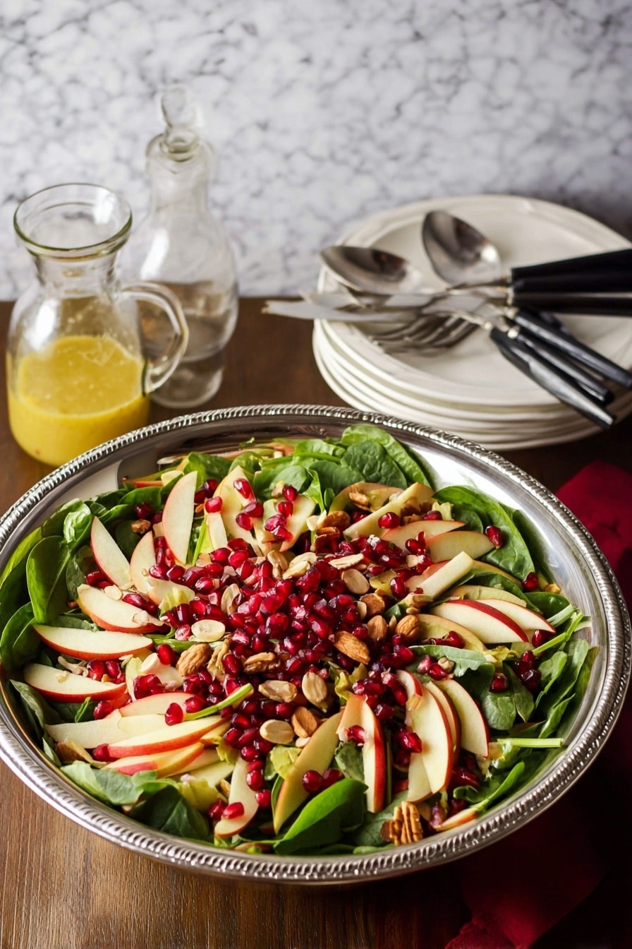 A large silver bowl holds a fresh salad with three main layers: the bottom layer is dark green spinach leaves with smooth texture, the middle layer is thin, light cream and red slices of apple arranged evenly over the spinach, and the top layer has bright red pomegranate seeds and small pieces of light tan nuts sprinkled throughout. The bowl is on a wooden surface with a white marbled texture background. Nearby are two silver serving spoons, a small glass jar of yellow dressing, and a stack of white plates with black-handled forks. photo taken with an iphone --ar 2:3 --v 7 - Apple Cranberry Spinach Salad, healthy fruit and vegetable salad, festive holiday salad, easy seasonal salad, fresh spinach and berry salad