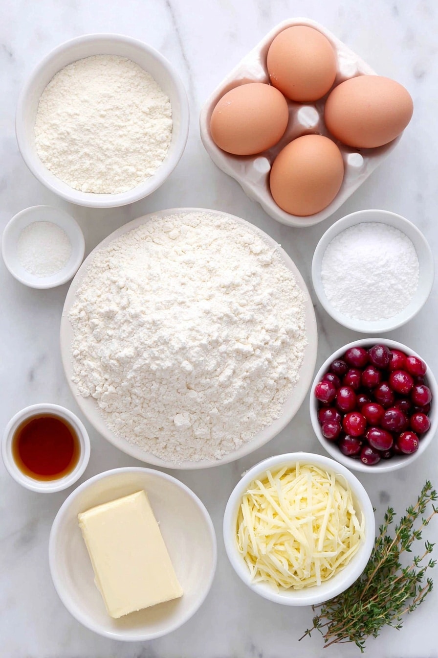 Flat lay of a small mound of all-purpose flour, a small white bowl of baking powder, a small white bowl of salt, a large pat of unsalted butter, fresh orange zest strands, a small heap of granulated sugar, three whole brown eggs with clean shells, a small white bowl of vanilla extract, a small white bowl of milk, a small white bowl of freshly squeezed orange juice, a small pile of cranberries lightly dusted with flour, a block of cream cheese, a small white bowl of powdered sugar, fresh whole cranberries, thin orange slices, a few sprigs of fresh thyme, all arranged symmetrically on a simple white ceramic surface, placed on a clean white marble surface, soft natural light, photo taken with an iPhone, professional food photography style, fresh ingredients, white ceramic bowls, no bottles, no duplicates, no utensils, no packaging --ar 2:3 --v 7 --p m7354615311229779997 - Cranberry Orange Cake, Cranberry Orange Cake with Cream Cheese Frosting, Festive citrus cranberry cake, Easy holiday cranberry cake, Moist cranberry orange dessert