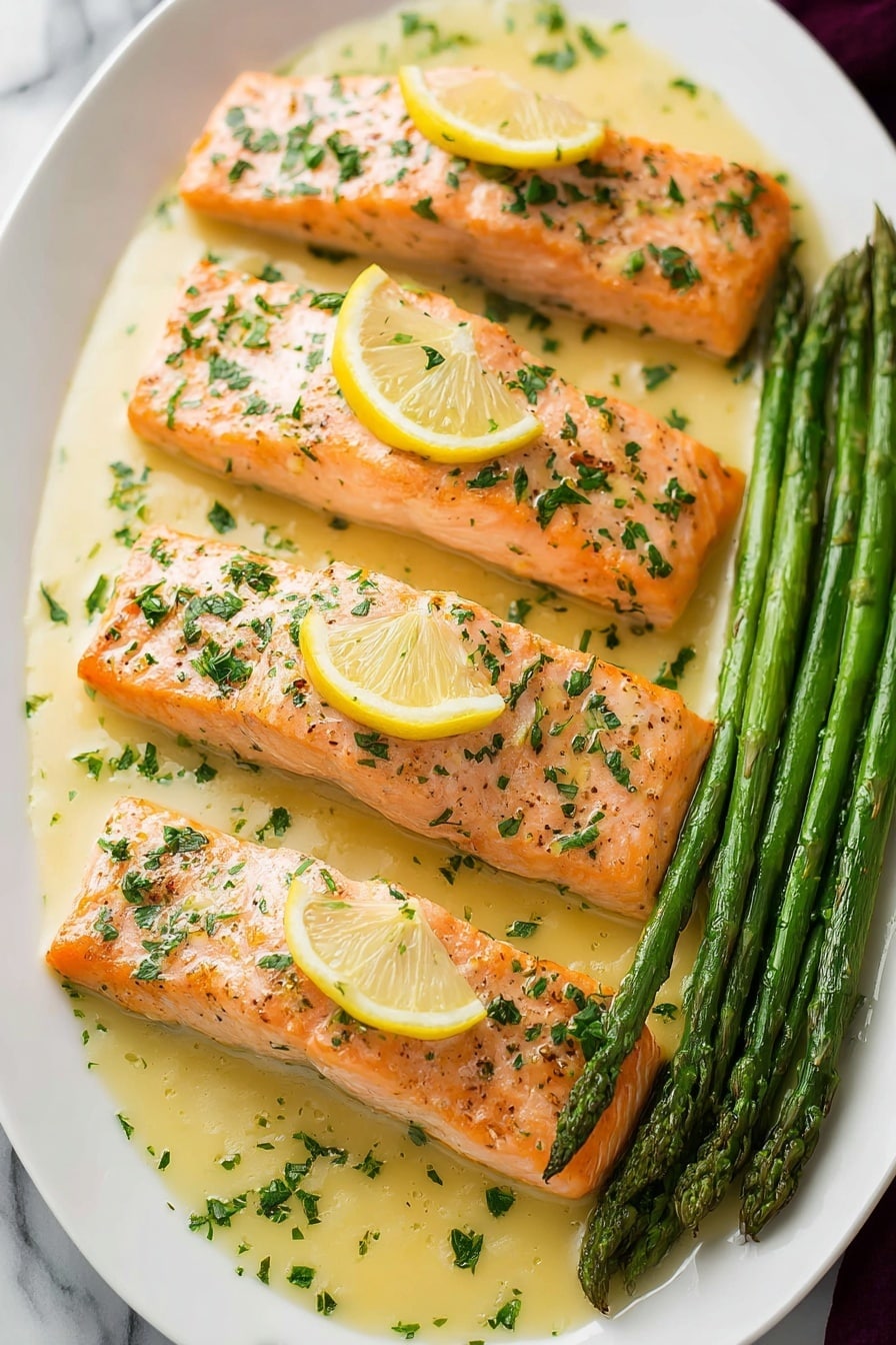 A white oval plate holds four rectangular salmon fillets arranged in two rows, each fillet topped with a small lemon wedge and sprinkled with chopped green herbs. The salmon has a light orange color with a slightly shiny, cooked texture. Surrounding the fillets is a pale yellow sauce that pools around the edges. On the right side of the plate, there is a bundle of bright green asparagus spears laid neatly in a row. The plate is set on a white marbled surface. photo taken with an iphone --ar 2:3 --v 7 - Garlic Lemon Butter Salmon, garlic lemon butter salmon, quick salmon recipe, easy seafood dinner, healthy salmon dish