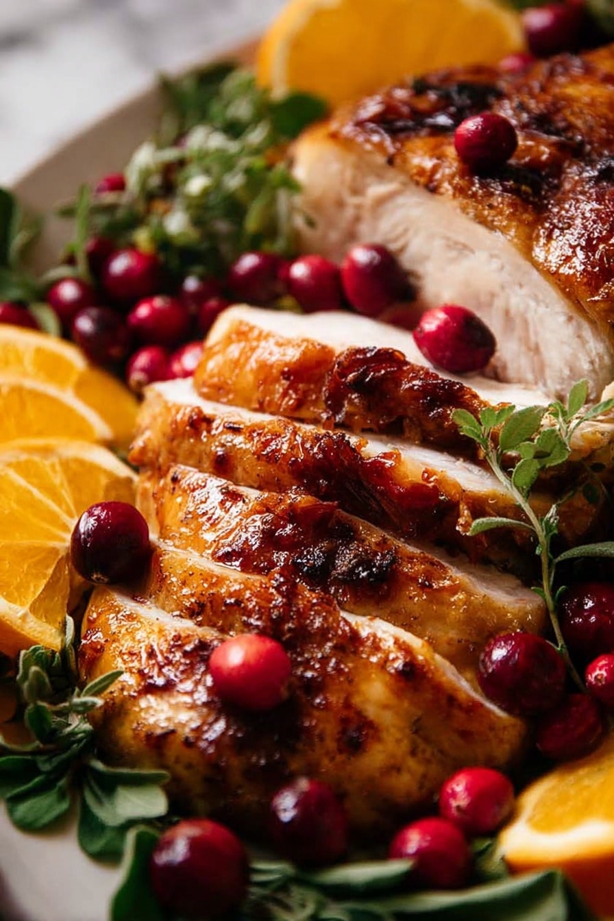 The image shows a close-up of sliced cooked chicken with a golden brown crispy skin arranged in layers. On top of the chicken parts, there are bright red cranberries scattered, adding spots of bright color. Around the chicken, there are fresh green leaves giving a lively touch. In the background, wedges of orange with a bright yellow color sit beside the chicken. All this food is on a white plate on a white marbled surface. The photo has a warm, inviting look with the textures of the juicy chicken skin and fresh fruit clear and sharp. photo taken with an iphone --ar 2:3 --v 7 - Juicy Roast Turkey with Crispy Skin, roast turkey recipe, crispy skin turkey, moist turkey cooking, easy turkey roast