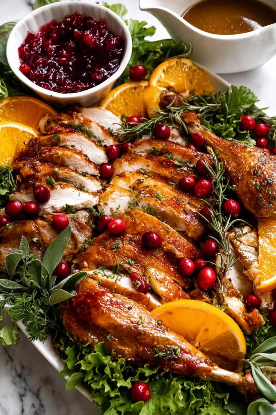 A white plate filled with several layers of roasted turkey pieces, including sliced turkey breast in the center, orange wedges scattered around, and whole turkey legs placed on the sides. Bright red cranberries are sprinkled over the turkey slices and around the plate. The plate is surrounded by fresh green leafy herbs. There is a small white bowl at the top filled with deep red cranberry sauce and a white gravy boat with brown gravy on the side. The background is a white marbled texture. Photo taken with an iphone --ar 2:3 --v 7 - Juicy Roast Turkey with Crispy Skin, roast turkey recipe, crispy skin turkey, moist turkey cooking, easy turkey roast