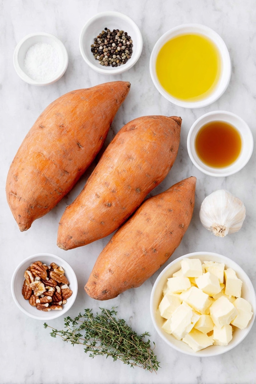 Flat lay of three thick whole sweet potatoes with vibrant orange skin, a small white bowl of melted unsalted butter, a small white bowl of golden olive oil, a small white bowl of coarse kosher salt, a small white bowl of whole black peppercorns, a small white bowl of rich low sodium chicken stock, a single fresh garlic clove, a small white bowl of amber pure maple syrup, a small white bowl of unsalted butter cubes, a small white bowl of roughly chopped pecans, a small white bowl of ground cinnamon, a small pinch of fine salt on the surface, and fresh green thyme sprigs with leaves intact all arranged in perfect symmetry on a clean white marble surface, soft natural light, photo taken with an iPhone, professional food photography style, fresh ingredients, white ceramic bowls, no bottles, no duplicates, no utensils, no packaging --ar 2:3 --v 7 --p m7354615311229779997 - Slow-Roasted Sweet Potatoes with Maple Pecans, sweet potato side dish, caramelized sweet potatoes, maple pecans recipe, cozy fall sweet potato dish