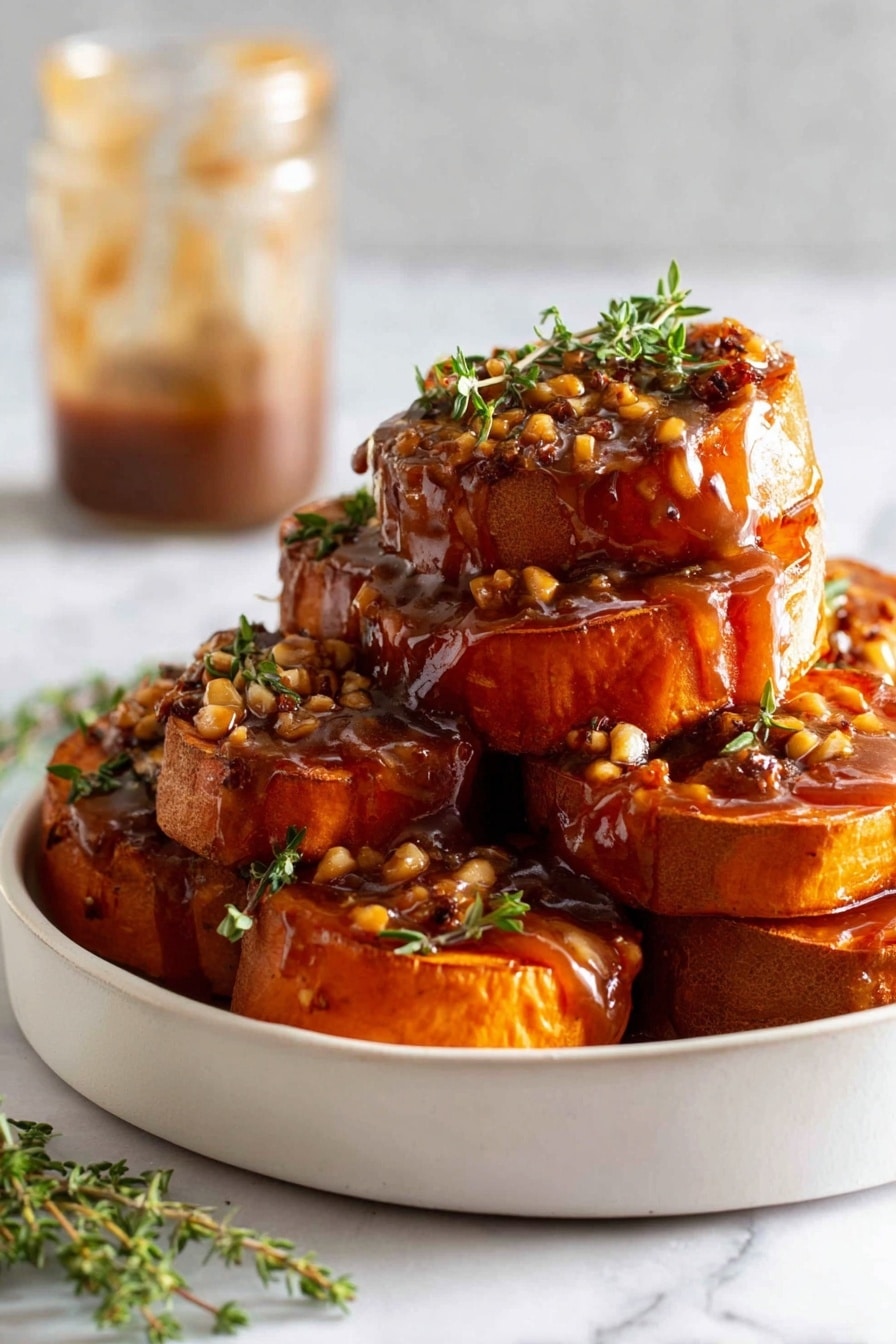 A stack of six round, thick slices of cooked sweet potato with a shiny, dark caramelized surface is arranged on a white marbled background. Each slice is topped with small chunks of walnuts and garnished with tiny green herb leaves. A woman's hand pours a thick, glossy, amber-colored sauce over the top slice, dripping down the sides and glistening beautifully on the nuts and sweet potato. The sauce catches the light, adding a rich, sticky texture to the scene. Photo taken with an iphone --ar 2:3 --v 7 - Slow-Roasted Sweet Potatoes with Maple Pecans, sweet potato side dish, caramelized sweet potatoes, maple pecans recipe, cozy fall sweet potato dish