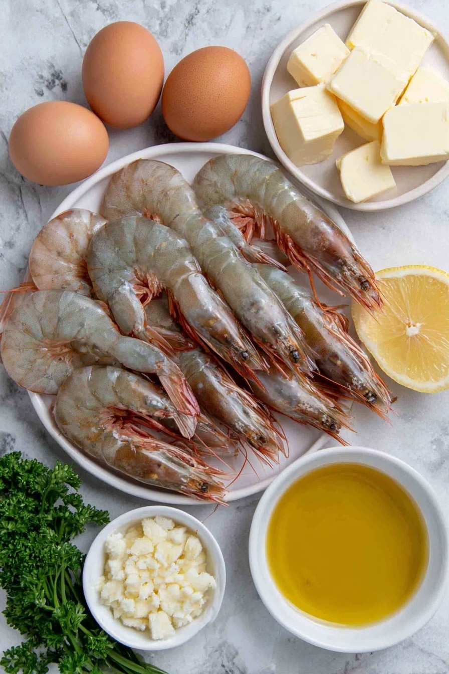 Flat lay of fresh prawns with tails on arranged neatly, a few whole uncracked brown eggs, a small white ceramic bowl of golden extra virgin olive oil, finely chopped garlic cloves placed in a simple white dish, several cubes of pale unsalted butter stacked artfully on a white plate, a small white bowl containing clear dry white wine, a wedge of bright yellow lemon, and a few sprigs of vibrant green parsley scattered gently around, all placed on a clean white marble surface, soft natural light, photo taken with an iPhone, professional food photography style, fresh ingredients, white ceramic bowls, no bottles, no duplicates, no utensils, no packaging --ar 2:3 --v 7 --p m7354615311229779997 - Garlic Prawns, garlic prawns recipe, easy seafood dinner, quick prawn dish, lemon garlic prawns