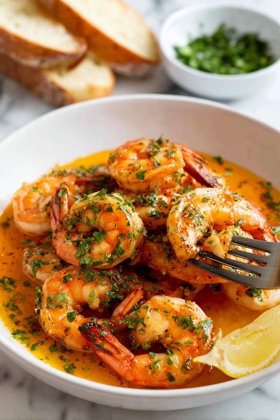 A white bowl filled with two layers of cooked shrimp; the bottom layer is partially covered by an orange butter sauce, while the top layer of shrimp is sprinkled with chopped green herbs. There is a wedge of lemon resting at the edge of the bowl partially submerged in the sauce. A fork is holding one shrimp on the right side of the bowl. In the background, there is a white bowl with finely chopped green herbs and two pieces of toasted bread on a white marbled surface. photo taken with an iphone --ar 2:3 --v 7 - Garlic Prawns, garlic prawns recipe, easy seafood dinner, quick prawn dish, lemon garlic prawns