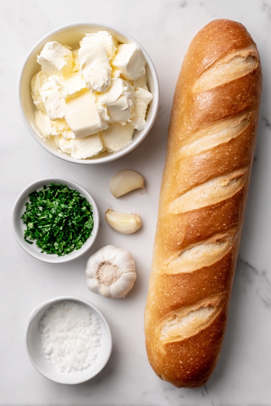 Flat lay of a whole fresh French baguette, a small white ceramic bowl of softened unsalted butter, a few peeled garlic cloves beside a small white bowl of minced garlic, a small white bowl of coarse salt, and a small white bowl of finely chopped fresh parsley, arranged symmetrically on a clean white marble surface, soft natural light, photo taken with an iPhone, professional food photography style, fresh ingredients, white ceramic bowls, no bottles, no duplicates, no utensils, no packaging --ar 2:3 --v 7 --p m7354615311229779997 - Homemade Garlic Bread, Garlic Bread from scratch, Easy garlic bread recipe, Crispy garlic bread, Buttery garlic bread