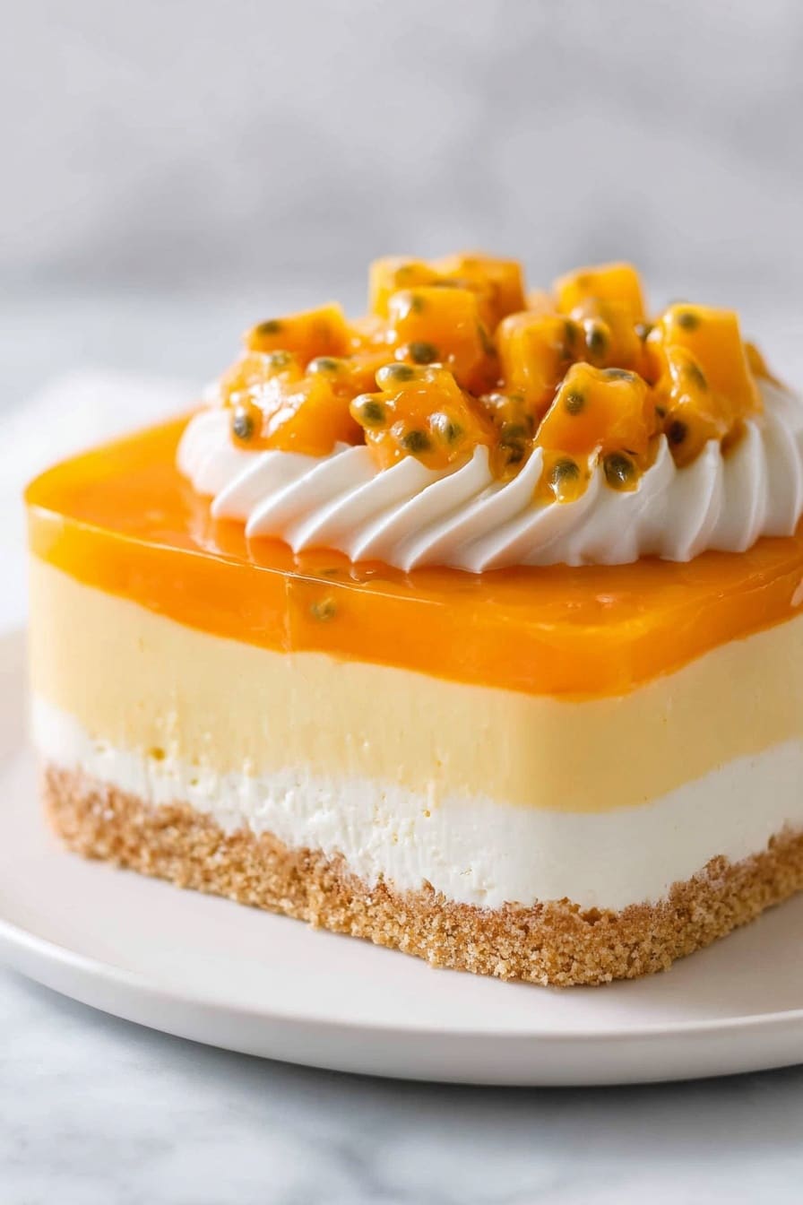 A dessert with three clear layers on a white plate on a white marbled surface: the bottom layer is a light brown crumbly crust, the middle layer is a smooth pale yellow creamy filling, and the top layer is a shiny bright orange jelly. On top of this is a thick, white, fluffy swirl of cream that holds a pile of small orange cubes of fruit mixed with seeds and liquid from a passion fruit. The overall look is fresh and inviting with a mix of smooth and textured elements. Photo taken with an iphone --ar 2:3 --v 7 - No-Bake Mango Cheesecake, tropical cheesecake recipe, easy summer dessert, no oven cheesecake, fruit flavored cheesecake