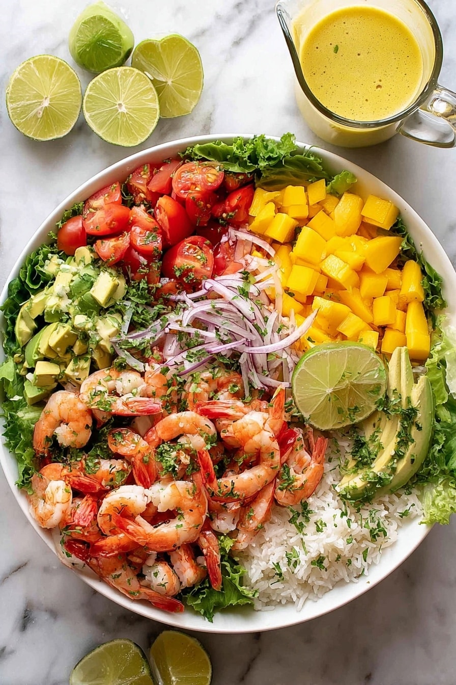 A large white bowl on a white marbled surface is filled with a colorful shrimp salad arranged in neat layers. The base layer is green leafy lettuce spread across the bowl. On top of this, there are sections of diced yellow mango on the upper right, small cherry tomatoes cut in half on the lower left, chopped green avocado pieces on the left, and cooked white rice on the lower right with a lime slice resting on it. In the center, there is a pile of small cooked shrimp mixed with thinly sliced red onions. Garnishes of chopped herbs are sprinkled over the shrimp. A few whole cooked shrimp are placed on the edge of the bowl. Next to the bowl, there are two lime halves and a small clear glass pitcher filled with yellow dressing. Photo taken with an iphone --ar 2:3 --v 7 - Prawn Mango Avocado Summer Salad, Mango and avocado salad with prawns, Summer seafood salad recipes, Healthy mango avocado salad, Quick summer shrimp salad