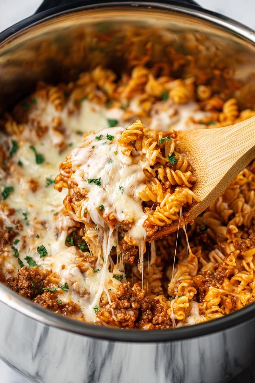 A close-up view of a cooked pasta dish inside a silver pot with a glossy metal surface. The pasta has curly edges and is mixed with ground meat and tomato sauce, creating a rich orange-red and brown base layer. On top, there is a thick layer of melted white and pale yellow cheese, stretched and gooey, sprinkled with small green parsley pieces. A wooden spoon is lifting some pasta and cheese from the pot, showing a mix of textures and colors in one scoop. The background is a white marbled texture photo taken with an iphone --ar 2:3 --v 7 - Instant Pot Lazy Lasagna, quick lasagna recipe, easy instant pot dinner, fuss-free lasagna, one-pot lasagna