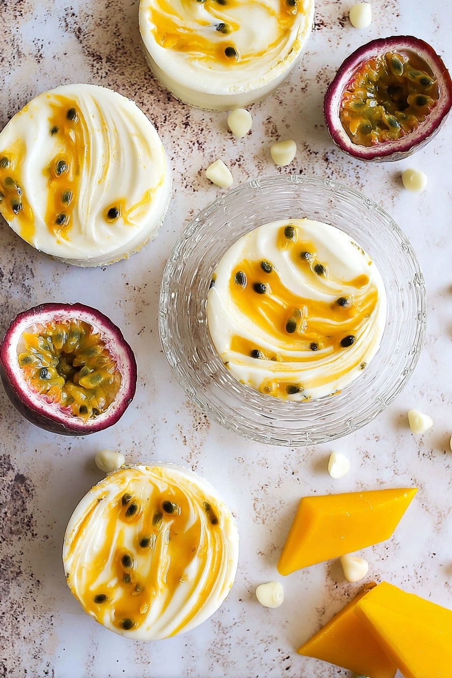 The image shows four round white treats with two visible layers: a creamy white base swirled with bright yellow and orange passion fruit sauce, creating a marbled effect with small black seeds scattered on top. They are arranged on a rough white marbled surface, with one treat placed on a clear swirled glass dish in the center. Around them are scattered small white chocolate chips, yellow mango slices on the bottom right, and a halved passion fruit with its juicy orange pulp and black seeds visible on the top left. The overall look is fresh and vibrant with a tropical feel. photo taken with an iphone --ar 2:3 --v 7 - Mango Passionfruit White Chocolate Cups, tropical fruit desserts, no-bake mango passionfruit treats, easy white chocolate desserts, summer fruit dessert recipes