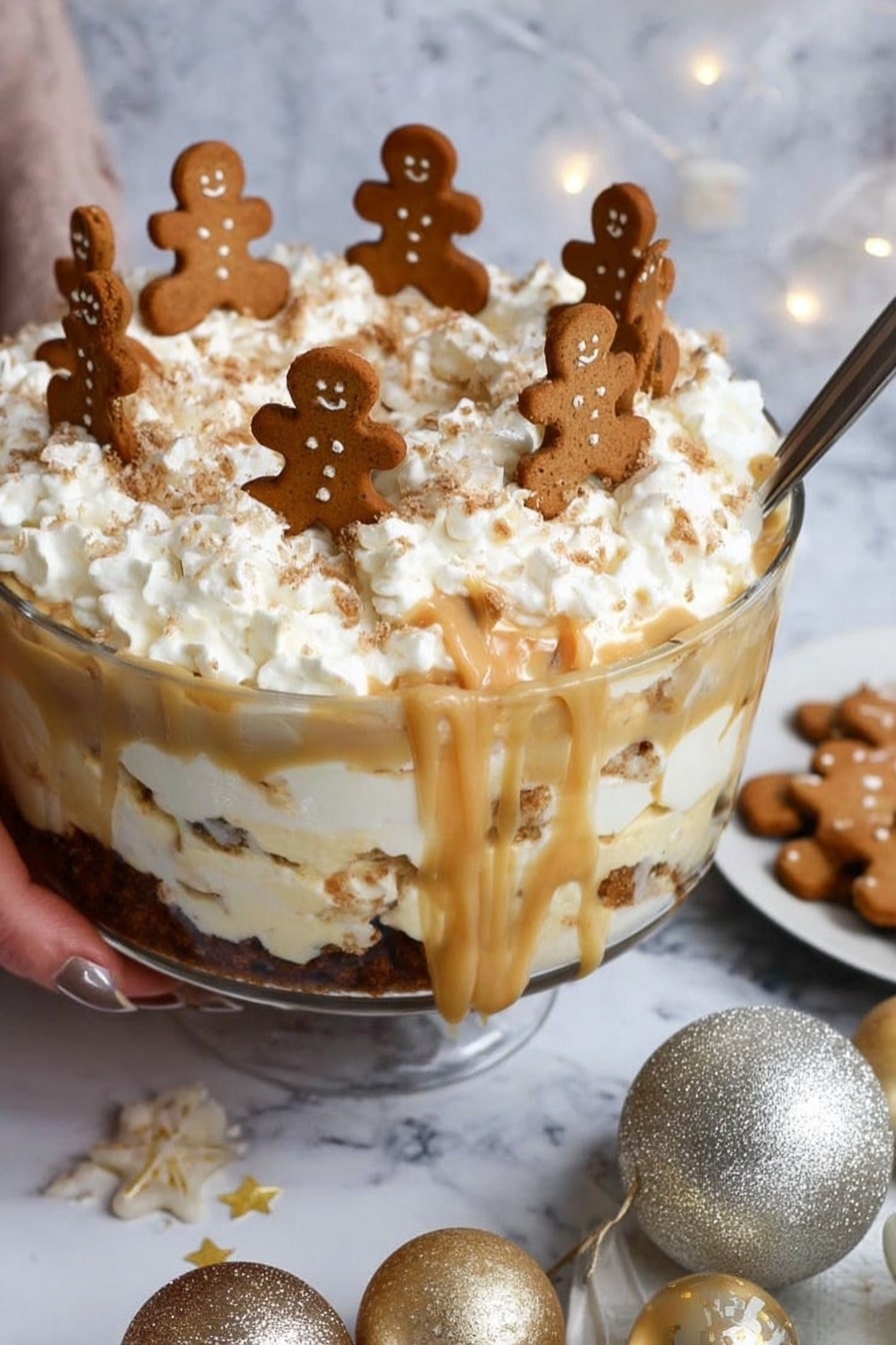 The image shows a large clear glass bowl filled with a layered dessert placed on a white marbled surface. The bottom layer is dark brown, likely a crumb or cake base, topped by a thick layer of creamy caramel-colored sauce with white creamy layers mixed in. The top layer is fluffy white whipped cream, decorated with small gingerbread man cookies standing upright around the edges, and tiny star-shaped brown sprinkles scattered on top. A silver spoon is stuck into the dessert, showing some of the creamy caramel mixture smeared along the inside of the bowl. Nearby on the surface are more gingerbread cookies and shiny silver and gold Christmas ornaments, adding a festive touch. A woman's hand holds the edge of the glass bowl. Photo taken with an iphone --ar 2:3 --v 7 - Gingerbread Trifle Dessert, gingerbread layered dessert, holiday trifle recipes, no-bake festive desserts, gingerbread holiday treat