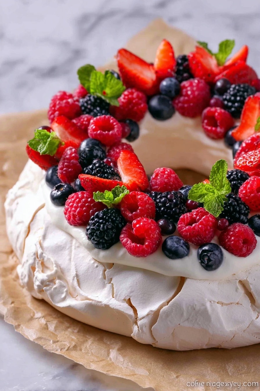 A round pavlova dessert is shown with three layers: the bottom layer is a thick, white, crisp meringue base with soft peaks and slightly cracked texture; the middle layer is smooth white cream spread evenly on top of the meringue; the top layer is decorated with fresh red strawberries, red raspberries, black blackberries, and dark blue blueberries arranged in clusters around the ring, accented with a few bright green mint leaves. The dessert sits on brown parchment paper with a blurred white marbled background. photo taken with an iphone --ar 2:3 --v 7 - Christmas Pavlova Wreath, festive meringue dessert, holiday fruit tart, Christmas showstopper, easy holiday dessert