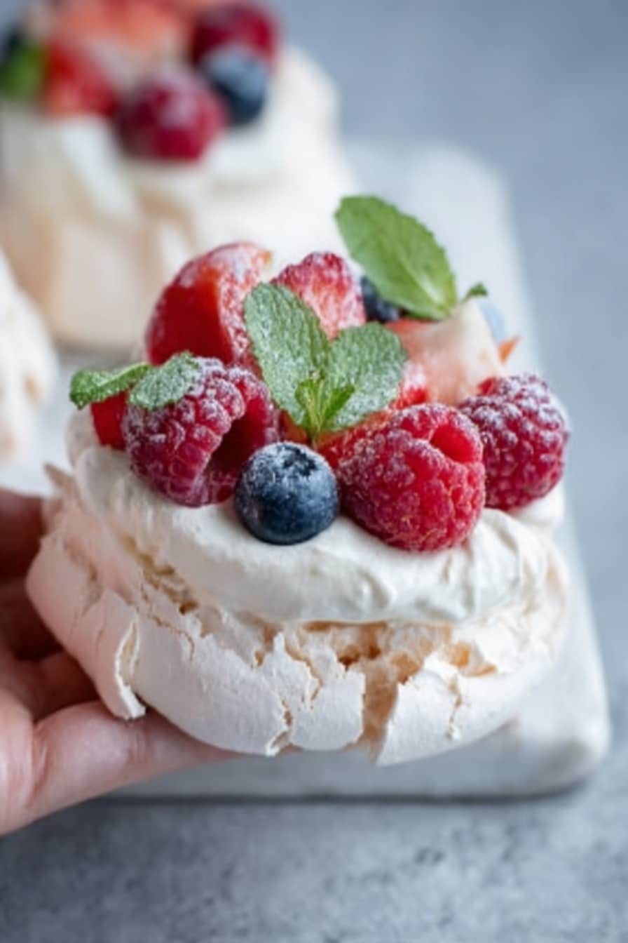 This image shows a small, round dessert with two main layers placed on a white marbled surface. The bottom layer is a light, crisp meringue with a slightly uneven texture and light beige color. On top of the meringue is a thick, smooth layer of white cream, which looks soft and fluffy. The dessert is decorated with a mix of fresh berries: red raspberries, blueberries, and strawberries, which add bright red and dark blue colors. There are small green mint leaves placed on top, adding a fresh contrast. A woman's hand is gently holding the dessert from the side. Photo taken with an iphone --ar 2:3 --v 7 - Christmas Pavlova Wreath, festive meringue dessert, holiday fruit tart, Christmas showstopper, easy holiday dessert