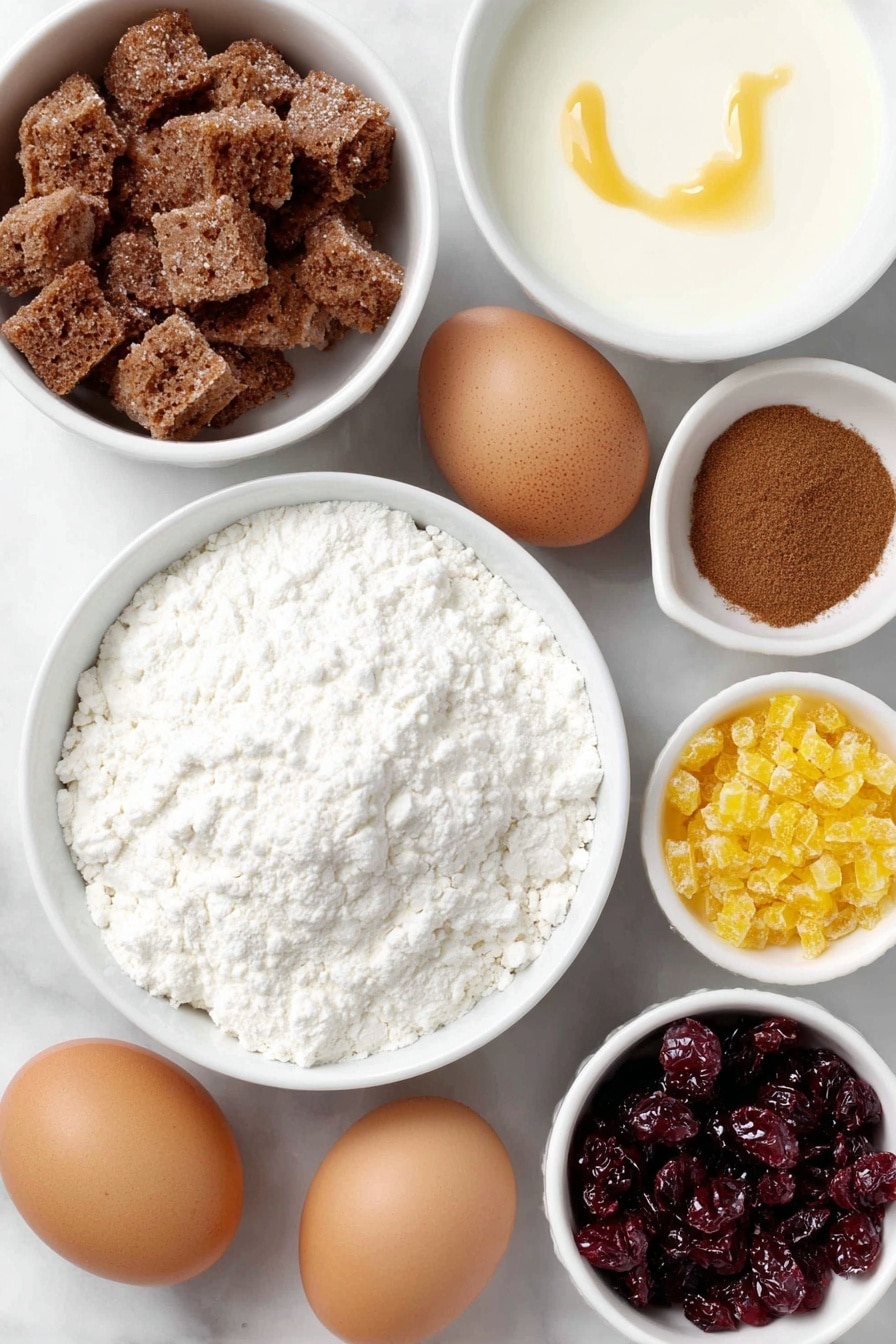 Flat lay of roughly one cup of dried bread cubes, a small white bowl of condensed milk, a small white bowl of milk, three whole uncracked brown eggs, a small white bowl with ground cinnamon powder, a small white bowl of mini toffee bits, a small white bowl of dried cranberries, a small white bowl holding grated orange peel, a small white bowl filled with caramel sundae sauce, arranged symmetrically on a clean white marble surface, soft natural light, photo taken with an iPhone, professional food photography style, fresh ingredients, white ceramic bowls, no bottles, no duplicates, no utensils, no packaging --ar 2:3 --v 7 --p m7354615311229779997 - Cranberry Bread Pudding with Toffee Bits, festive holiday bread pudding, easy cranberry dessert, warm cinnamon bread pudding, holiday crowd-pleasing desserts