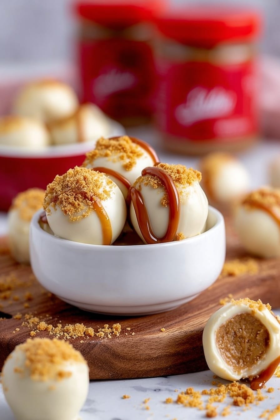 The image shows around twelve small round treats arranged on a wooden board on a white marbled surface. Each treat has an inner layer of brown crumbly cake with an outer smooth white layer of icing or chocolate. Some treats are sliced in half, showing the uniform brown center inside. Several treats are topped with a light brown drizzle and sprinkled with golden crumbs, adding texture contrast. In the background, there is a white bowl filled with brown cookies and a woman's hand holding one cookie above the bowl. Crumbled pieces of cookie are scattered around the board. The scene looks warm and inviting, arranged with care for a dessert presentation photo taken with an iphone --ar 2:3 --v 7 - Biscoff Truffles with White Chocolate Coating, Biscoff Truffles, White Chocolate Cookie Truffles, No-Bake Biscoff Candy, Easy Biscoff Dessert