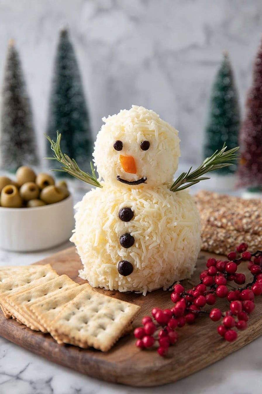 The image shows a two-layer snowman made of shredded pale yellow cheese, with a smaller ball on top for the head and a bigger ball for the body. The snowman has small black dots for eyes, mouth, and buttons, and a small orange triangular nose at the center of the face. Two sprigs of green rosemary stick out from the sides as arms. The snowman sits on a wooden board with light brown square crackers arranged in front and darker seed crackers behind. To the left, there is a white bowl with green olives, and in the background, decorative Christmas trees and bright red berries add a festive touch. The whole scene is on a white marbled surface. Photo taken with an iphone --ar 2:3 --v 7 - Snowman Cheeseball, festive cheeseball appetizer, holiday cheese ball, winter party dip, cute holiday appetizer