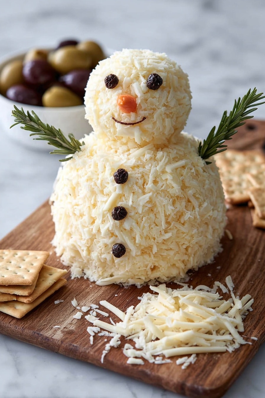 The dish looks like a snowman made of two round layers covered with shredded pale yellow cheese; the top small round layer is the head and the bottom larger round layer is the body. The face is decorated with five small black round peppercorns for the eyes and mouth, and one small orange carrot piece for the nose. The body has two black peppercorn buttons. Two small green rosemary sprigs stick out on the sides as arms. The snowman sits on a wooden cutting board with scattered shredded cheese around it. In front of the snowman, there are two kinds of crackers: light brown square ones and flat dark brown seeded rectangular ones. In the background, a white bowl holds mixed olives, all set on a white marbled surface. Photo taken with an iphone --ar 2:3 --v 7 - Snowman Cheeseball, festive cheeseball appetizer, holiday cheese ball, winter party dip, cute holiday appetizer