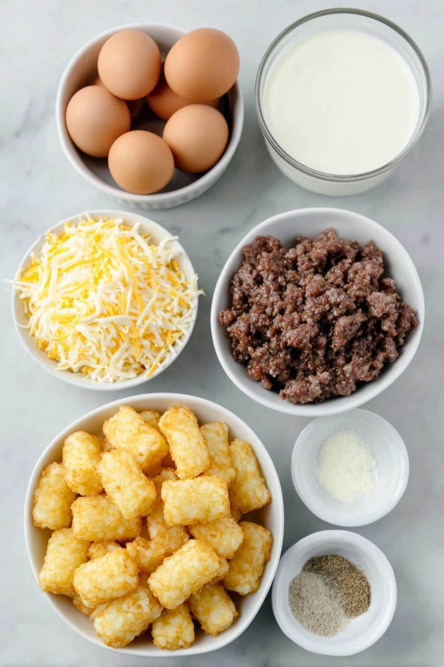 Flat lay of cooked and crumbled breakfast sausage with browned edges, a pile of crispy golden frozen tater tots, a small white ceramic bowl filled with shredded Mexican blend cheese, eight whole brown eggs with clean shells arranged neatly, a small white bowl of creamy milk, and three small white bowls containing kosher salt crystals, freshly ground black pepper, and a fine garlic powder mixed with onion powder, all placed symmetrically on a clean white marble surface, soft natural light, photo taken with an iPhone, professional food photography style, fresh ingredients, white ceramic bowls, no bottles, no duplicates, no utensils, no packaging --ar 2:3 --v 7 --p m7354615311229779997 - Cheesy Tater Tot Breakfast Casserole, breakfast casserole with tater tots, cheesy breakfast bake, savory egg and sausage casserole, easy brunch casserole