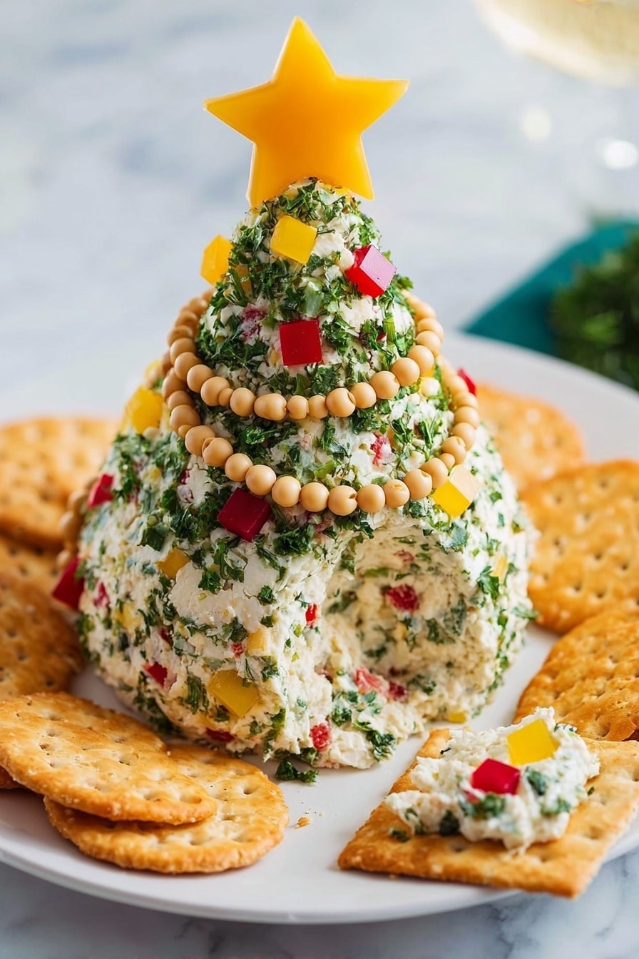 A cone-shaped cheese ball decorated like a Christmas tree sits on a white plate surrounded by round and triangle crackers. The cheese ball is covered with chopped green herbs all over, with small red and yellow square pieces scattered on the surface like ornaments. Two garlands of small beige beads wrap around the cheese ball in rings, and a bright yellow star-shaped piece tops it. A section of the cheese ball is missing, showing the creamy interior mixed with herbs and pieces of red and yellow vegetables. A cracker with some cheese ball and garnishes on top rests in the foreground. The background is a white marbled surface. photo taken with an iphone --ar 2:3 --v 7 - Christmas Tree Cheese Ball, festive appetizer recipes, holiday cheese ball ideas, Christmas party snacks, easy Christmas appetizer
