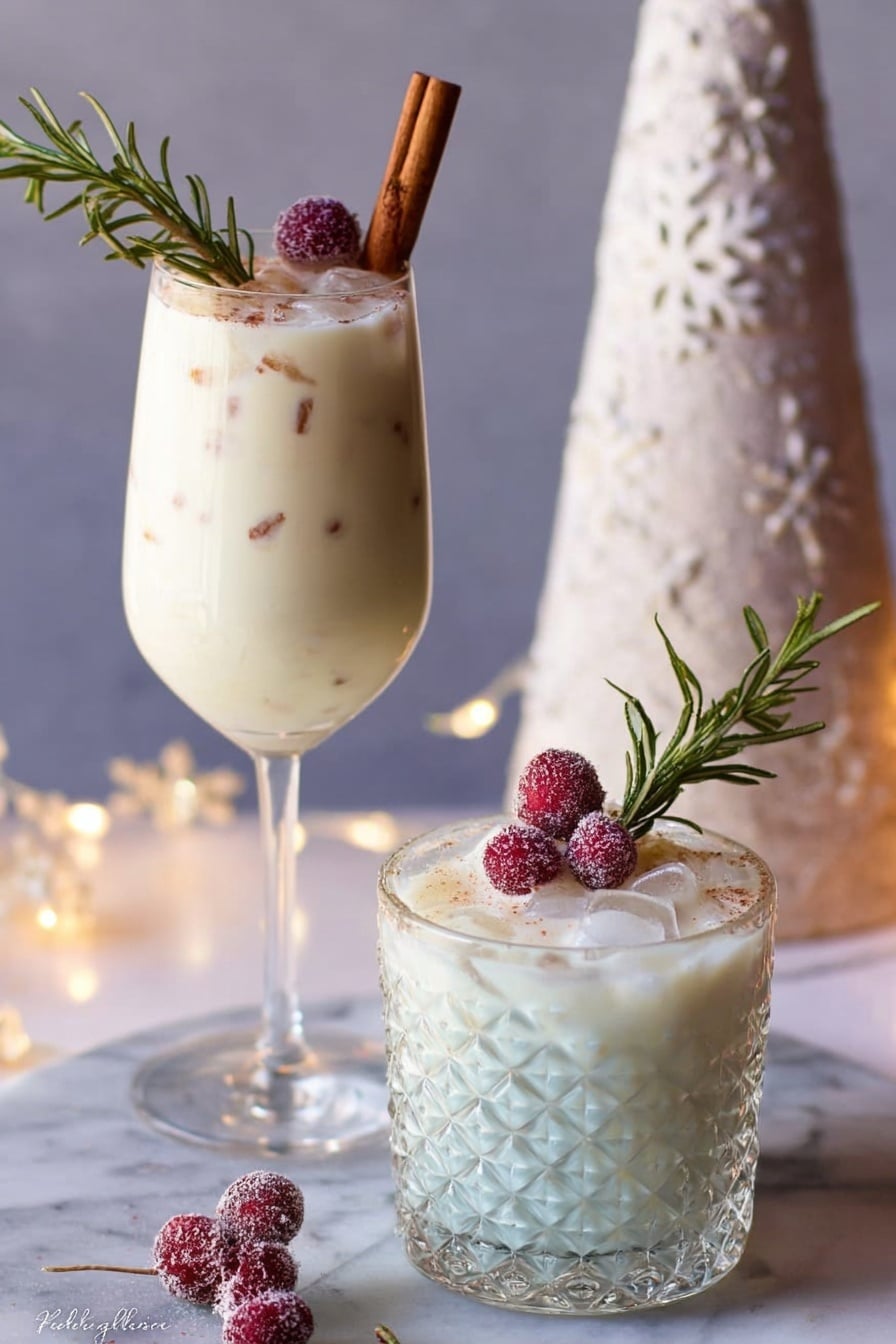 A tall, clear glass bottle filled with a smooth, light cream liquid stands against a soft background. Around the neck of the bottle, a piece of natural twine is tied in a loose bow. Attached to the twine is a small green pine branch with frosted needle-like leaves and several bright red round berries, giving a festive look. The bottle is placed on a white marbled surface, with soft warm lights glowing softly in the blurred background. Photo taken with an iphone --ar 2:3 --v 7 - Venezuelan Ponche Crema Eggnog, Venezuelan Ponche Crema, Eggnog recipe with rum, Festive holiday eggnog, Creamy Venezuelan drink