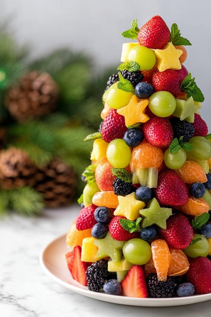 A tall, colorful fruit tower sits on a white plate on a white marbled surface. The tower is made of many small layers of brightly colored fruits, including green grapes, red strawberries, black blackberries, dark blue blueberries, orange mandarin segments, yellow star-shaped pineapple pieces, and green star-shaped kiwi slices. Small green mint leaves are placed between the fruits, adding fresh green touches throughout the tower. The fruits are stacked close together, forming a roughly cone-shaped structure with a mix of smooth, bumpy, juicy, and soft textures. A blurred background with natural greenery and pine cones can be seen behind the tower. photo taken with an iphone --ar 2:3 --v 7 - Festive Fruit Christmas Tree, holiday fruit centerpiece, healthy Christmas appetizer, easy Christmas fruit arrangement, colorful holiday fruit display
