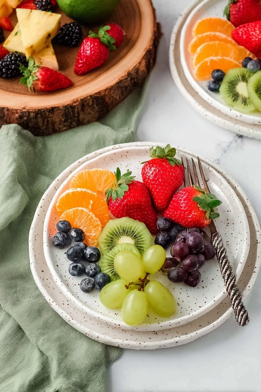 A white speckled plate holds a fresh fruit mix arranged in separate sections: two large red strawberry halves with visible seeds and green leaves on top, a small bunch of light green grapes at the bottom, a cluster of dark blue round blueberries on the left, bright orange peeled mandarin slices above the grapes, and two green slices of kiwi with black seeds at the top near the strawberries. A silver fork with a twisted handle rests on the right edge of the plate. This plate is stacked on top of another identical plate. In the background, there is a second similar plate with fruit and a wooden slab with more colorful fruits like green grapes, pineapple stars, blackberries, strawberries, and kiwi slices placed on a soft green cloth, all set on a white marbled surface. Photo taken with an iphone --ar 2:3 --v 7 - Festive Fruit Christmas Tree, holiday fruit centerpiece, healthy Christmas appetizer, easy Christmas fruit arrangement, colorful holiday fruit display